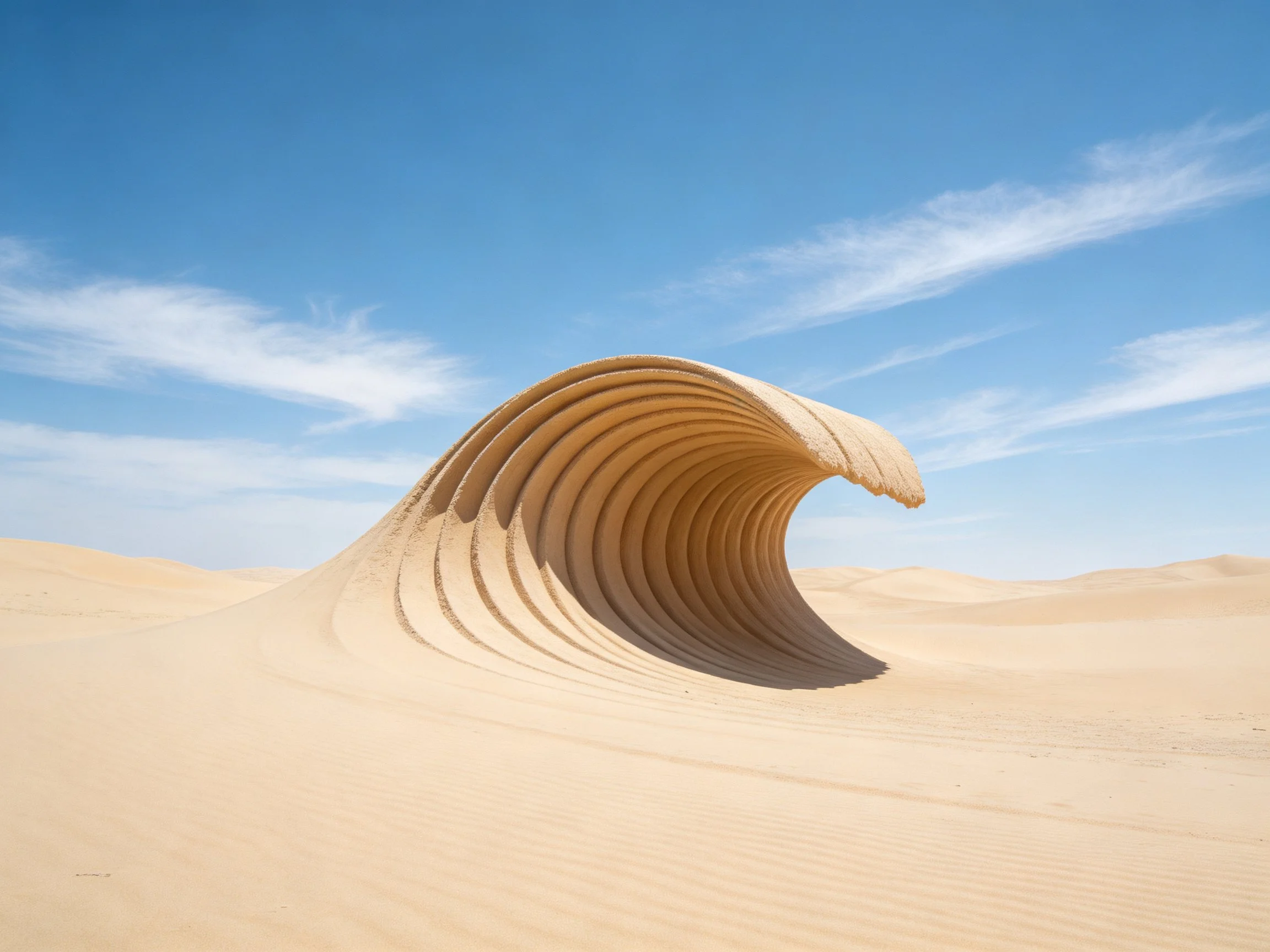 A sculpted sand wave rises in an expansive desert under bright blue skies