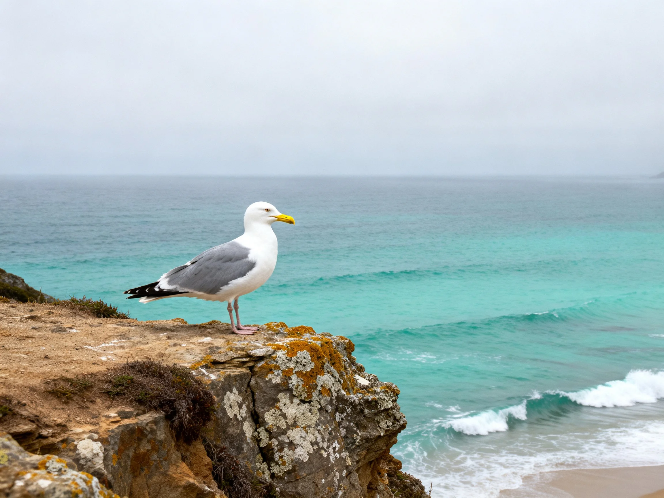 A seagull perched on a mossy cliff overlooking turquoise coastal waters