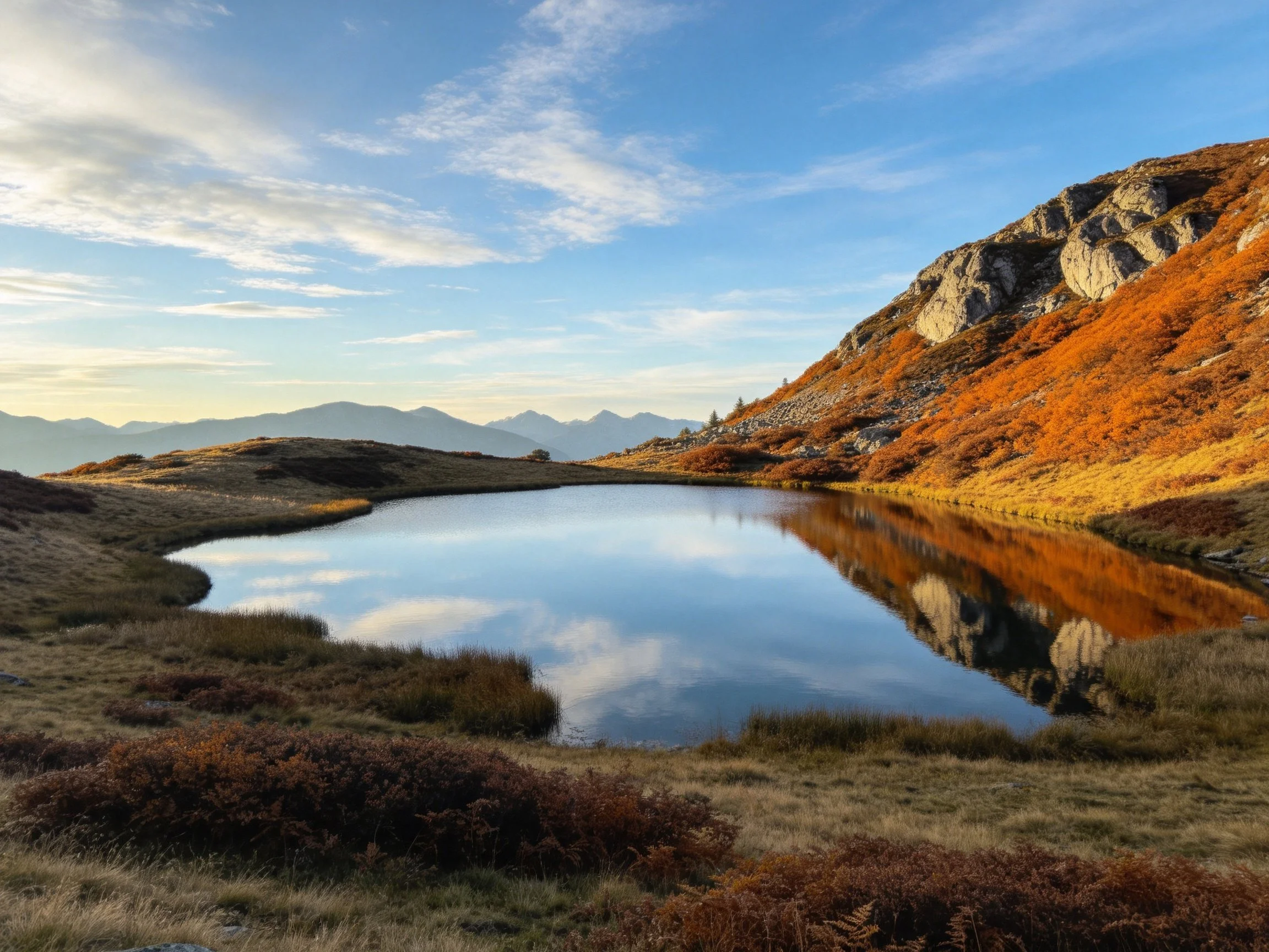 A serene alpine lake reflects autumn-hued mountains under bright sky.