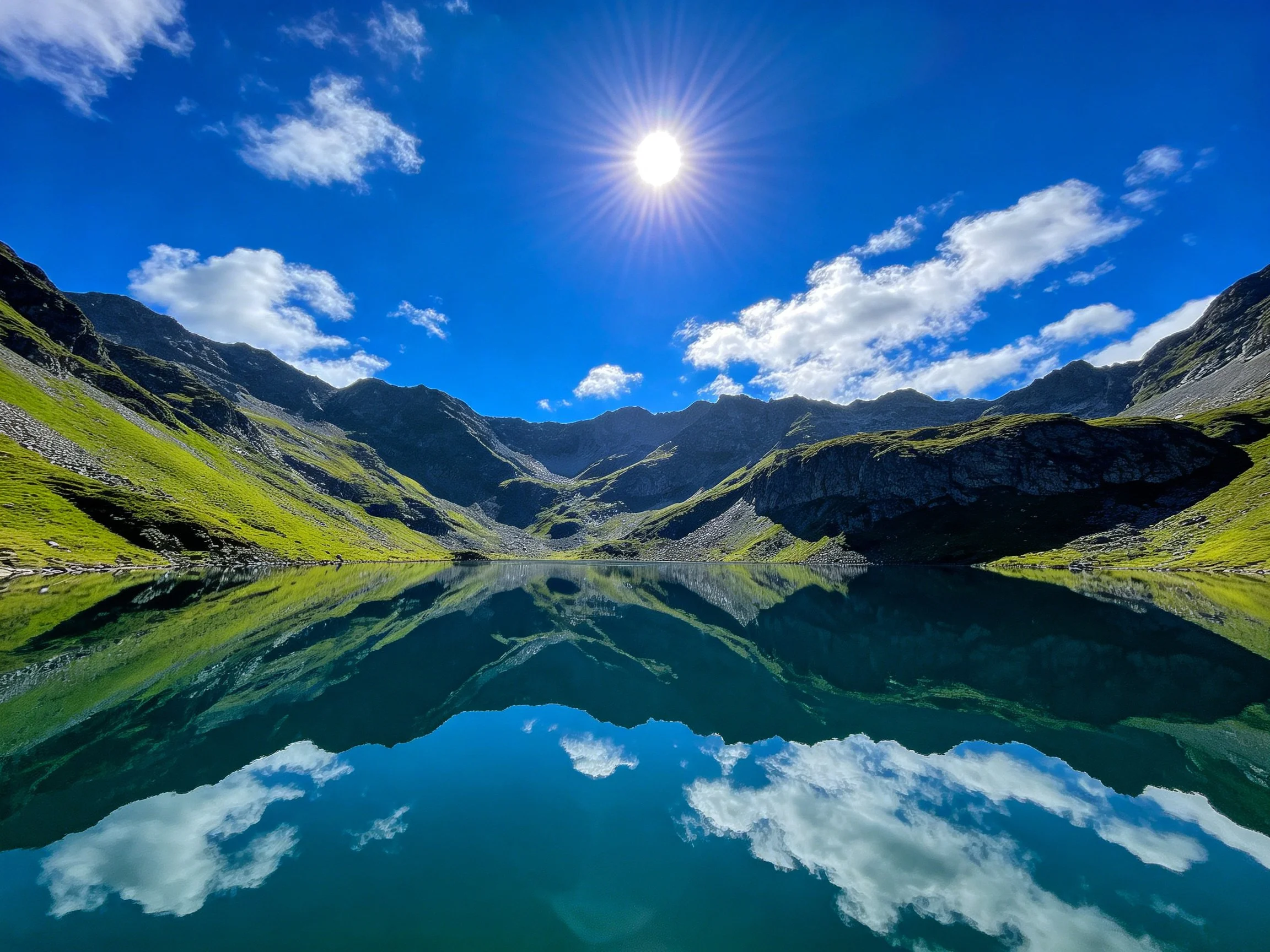 A serene alpine lake reflects lush green mountains and a vivid blue sky