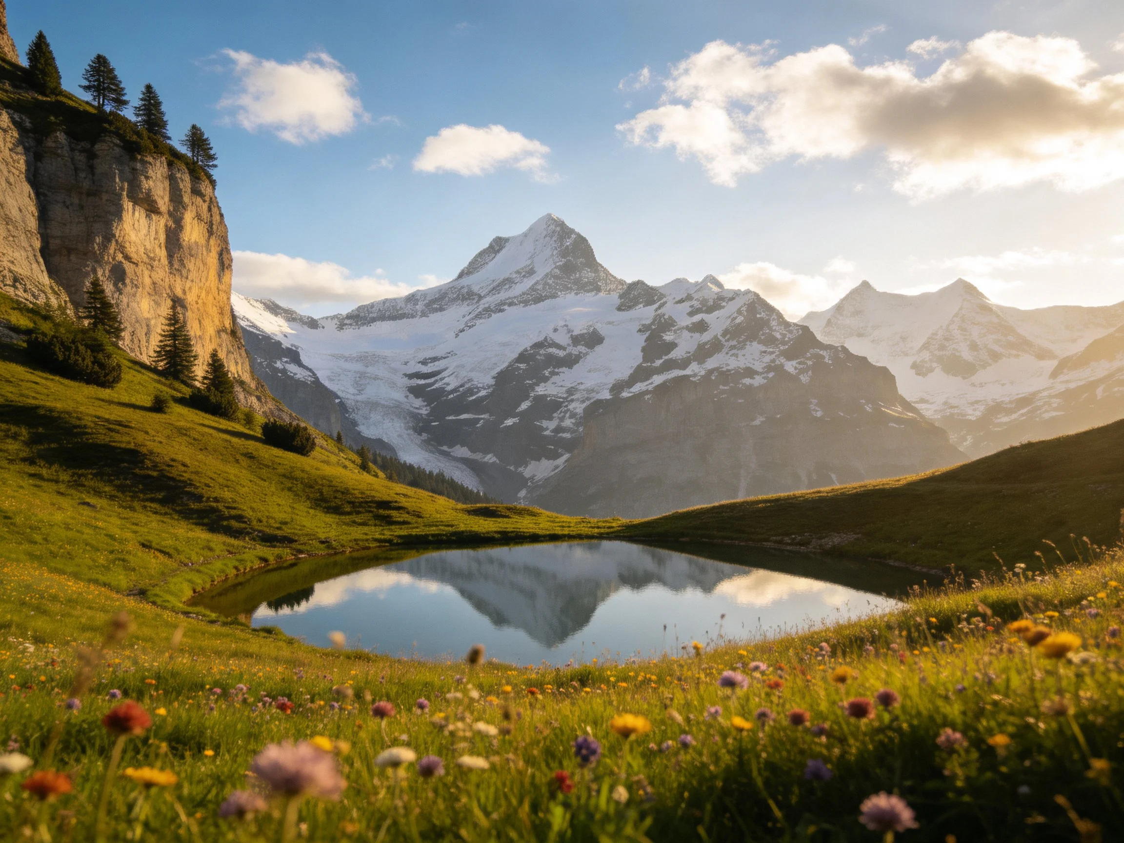 A serene alpine lake reflects snow-capped mountains near rocky cliffs and wildflowers