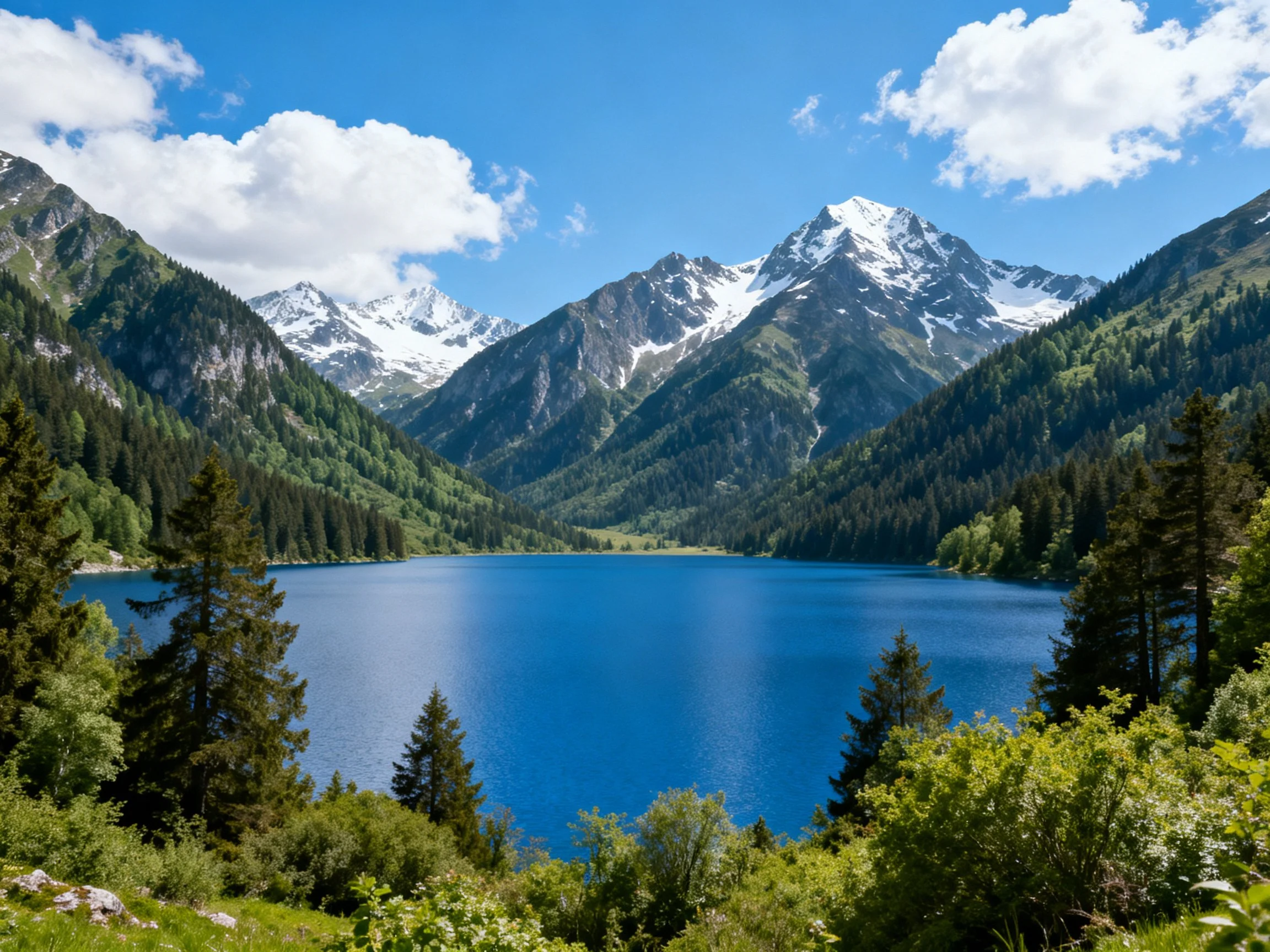 A serene alpine lake surrounded by forested mountains and snow-capped peaks