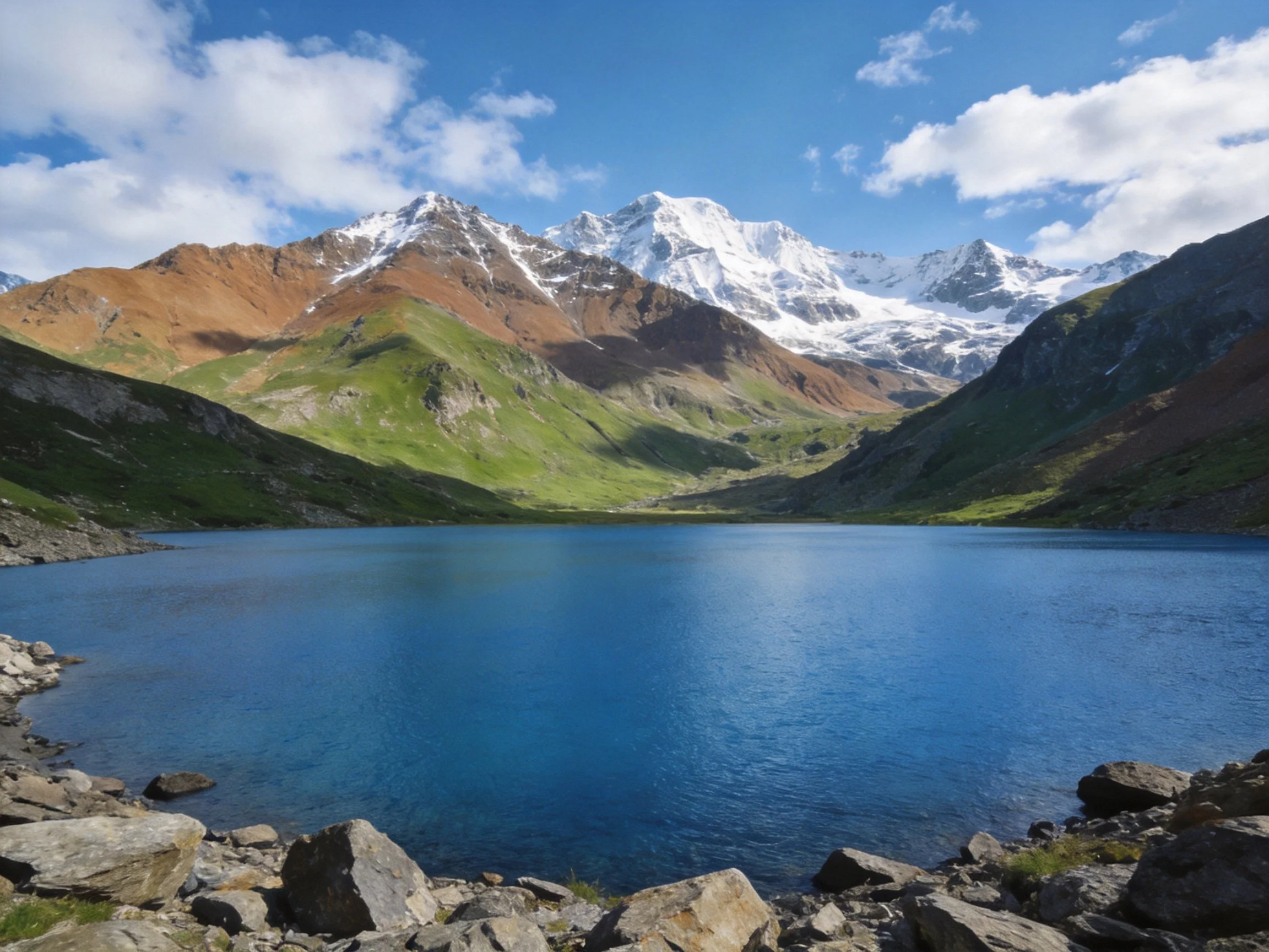A serene alpine lake surrounded by green slopes and snow - capped mountains