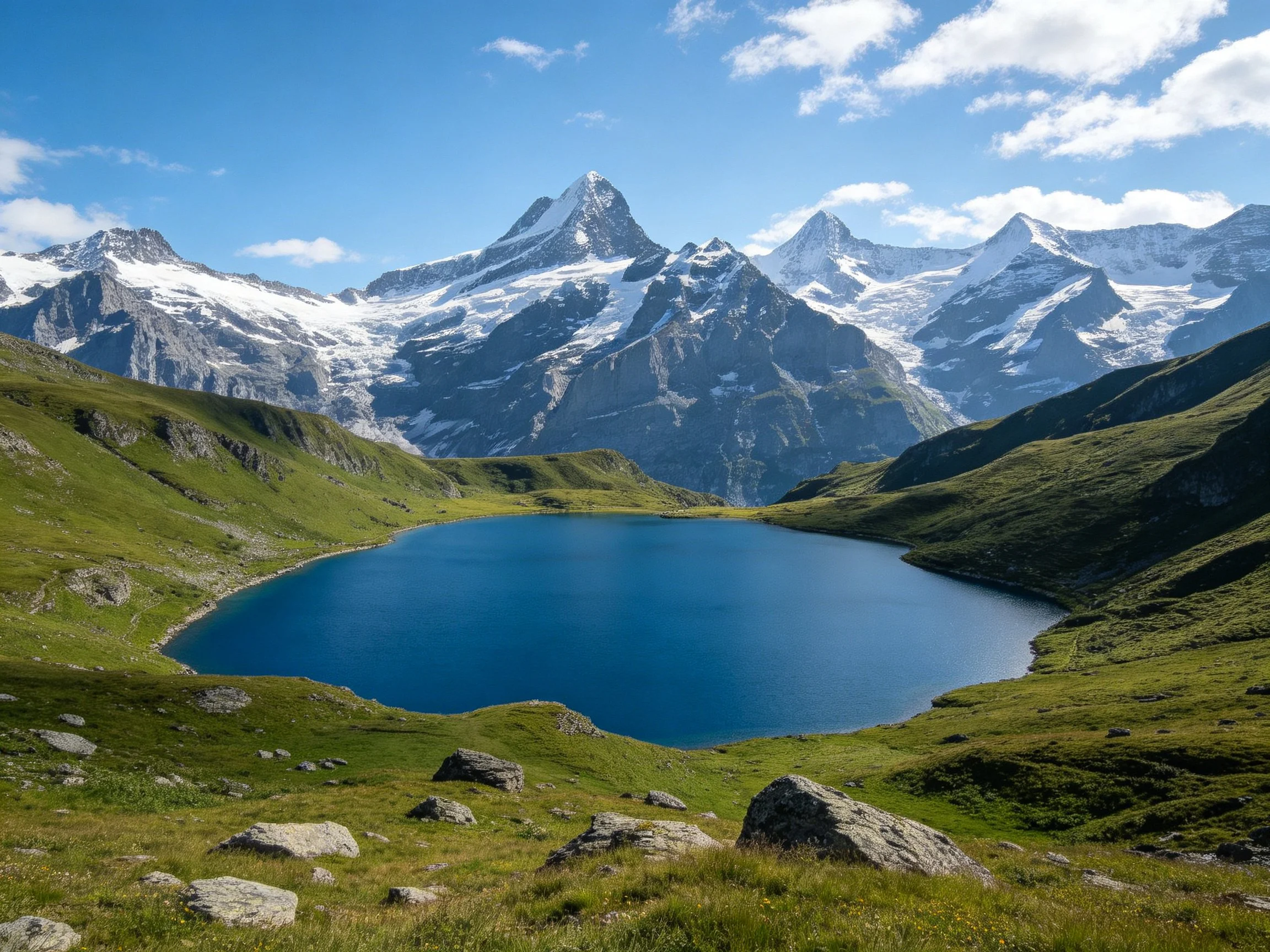 A serene alpine lake surrounded by lush green hills and snow-capped peaks