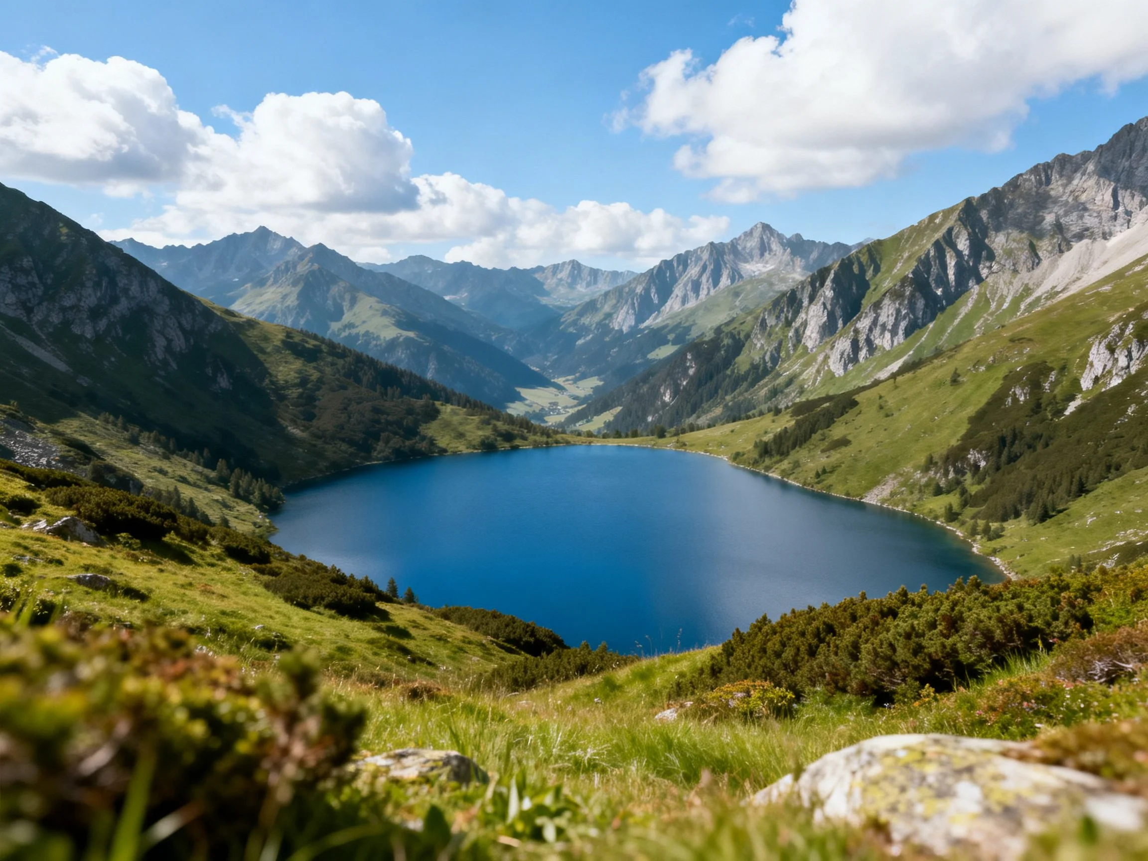 A serene alpine lake surrounded by lush green mountains under bright blue skies