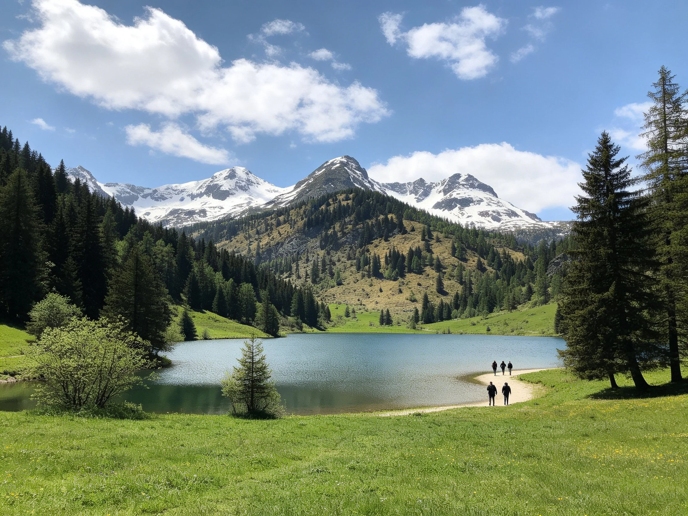 A serene alpine lake surrounded by pine forests and snow-capped peaks