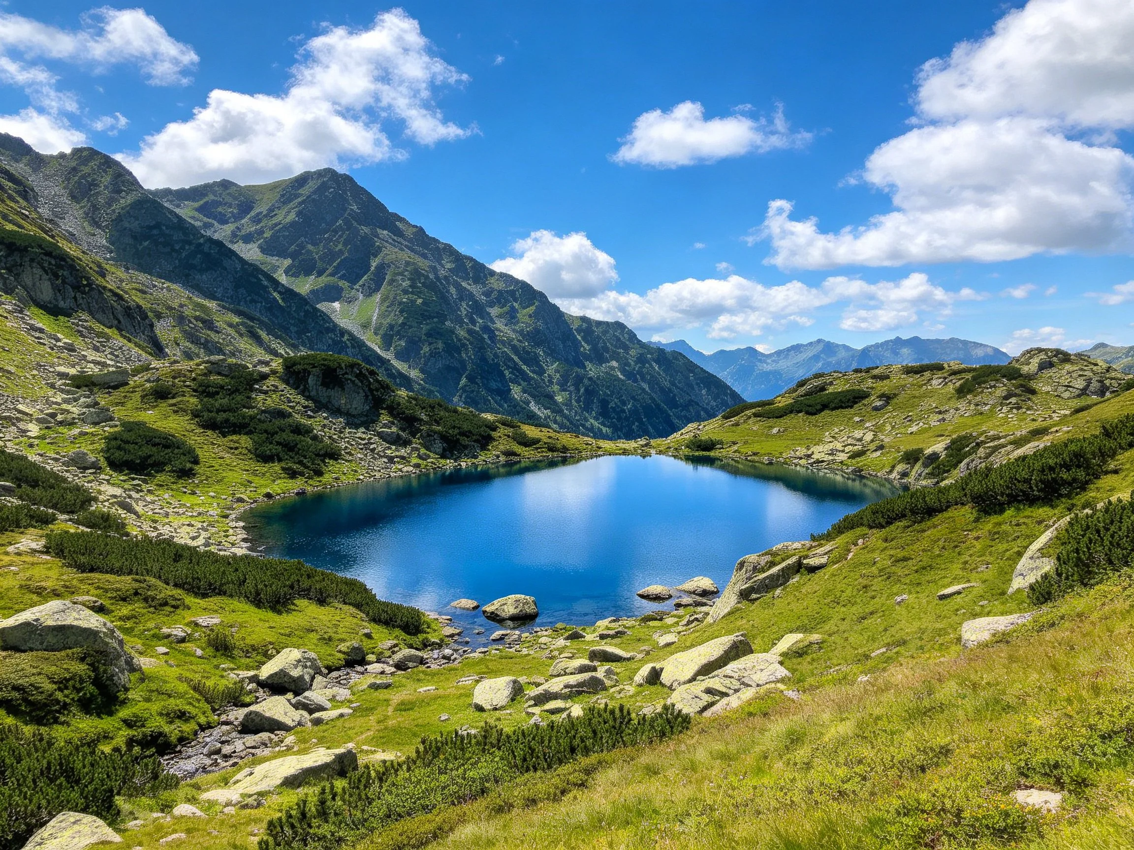 A serene alpine lake surrounded by rocky green mountains