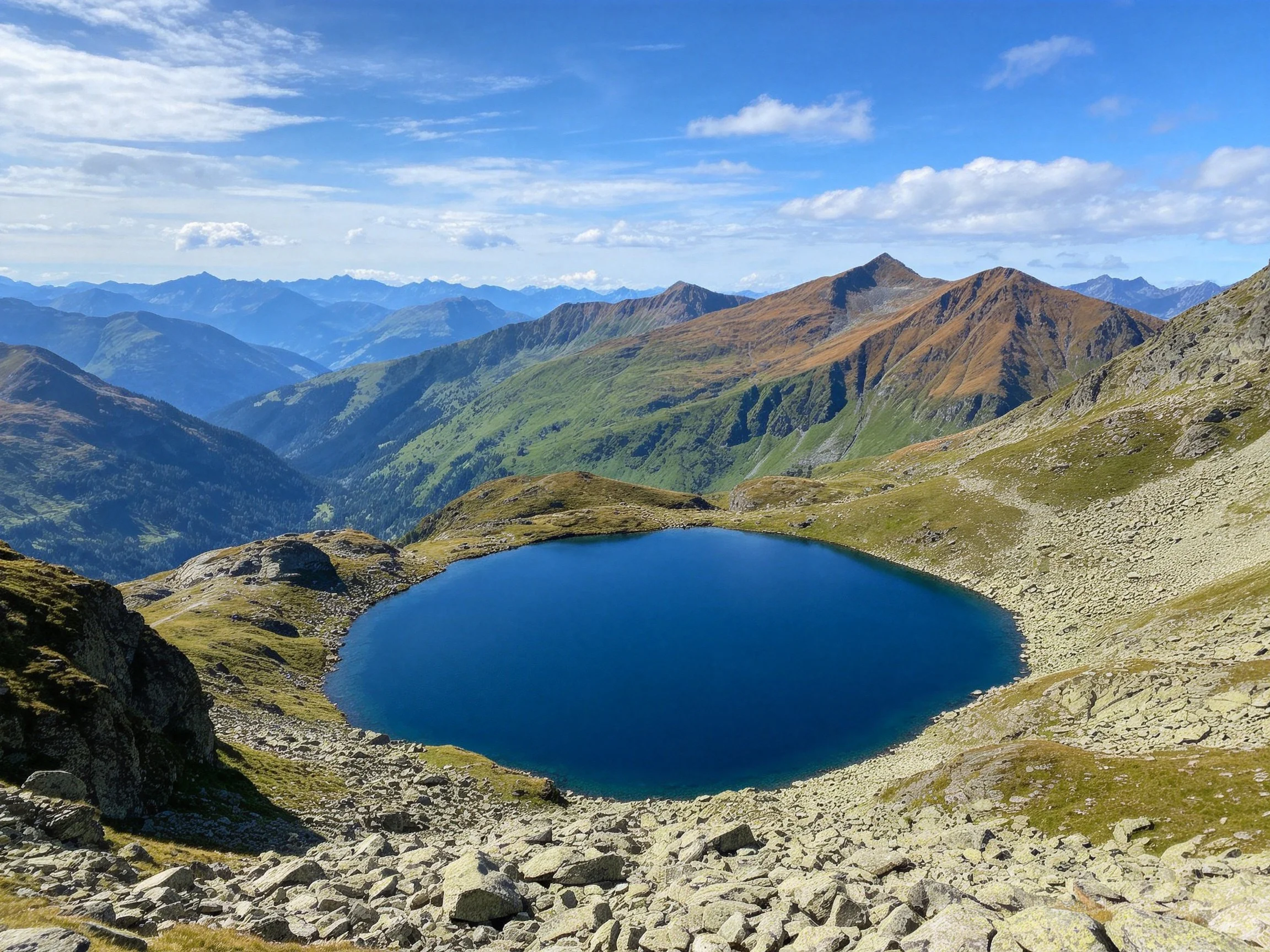 A serene alpine lake surrounded by rocky slopes and distant peaks