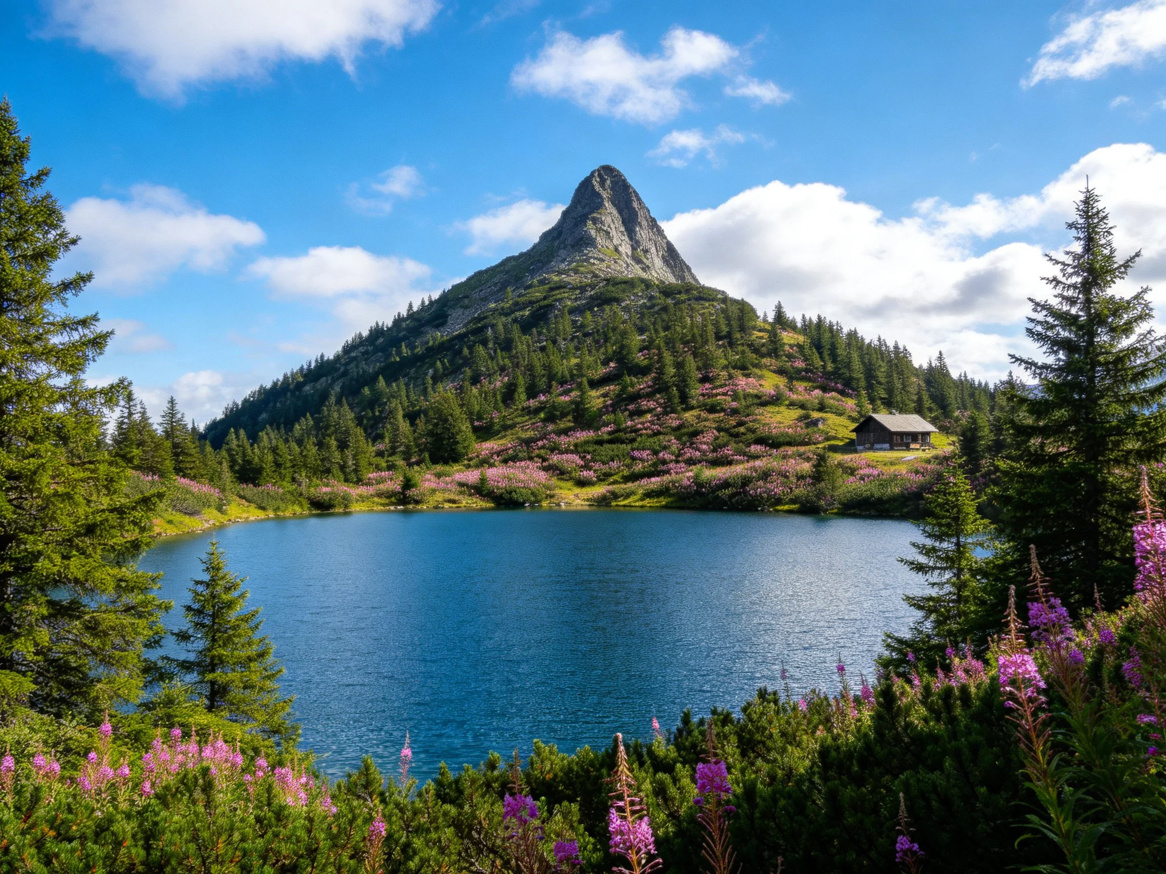 A serene alpine lake with a sharp-peaked mountain, vibrant wildflowers, and a wooden cabin