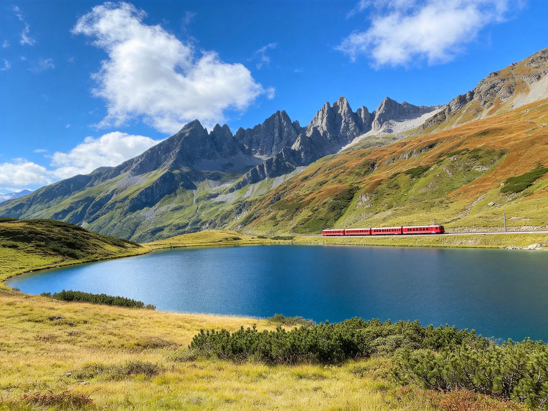 A serene alpine lake with jagged peaks and a red train