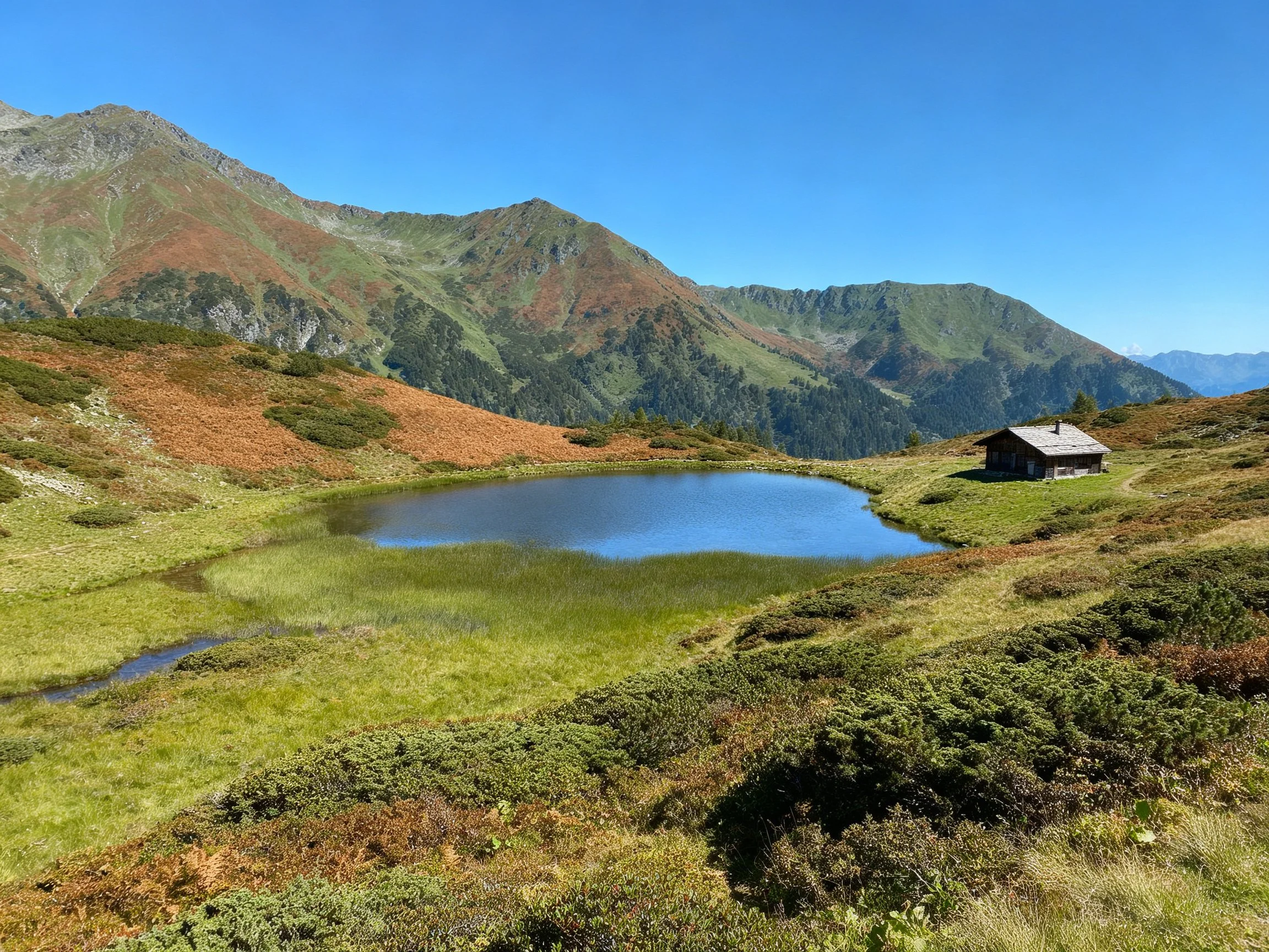 A serene alpine landscape with a small lake and wooden cabin