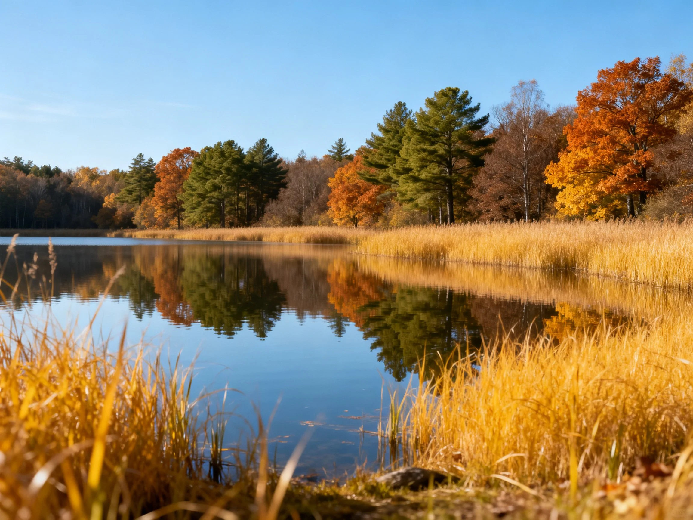 A serene autumn lakeside with vibrant fall foliage and calm water reflections