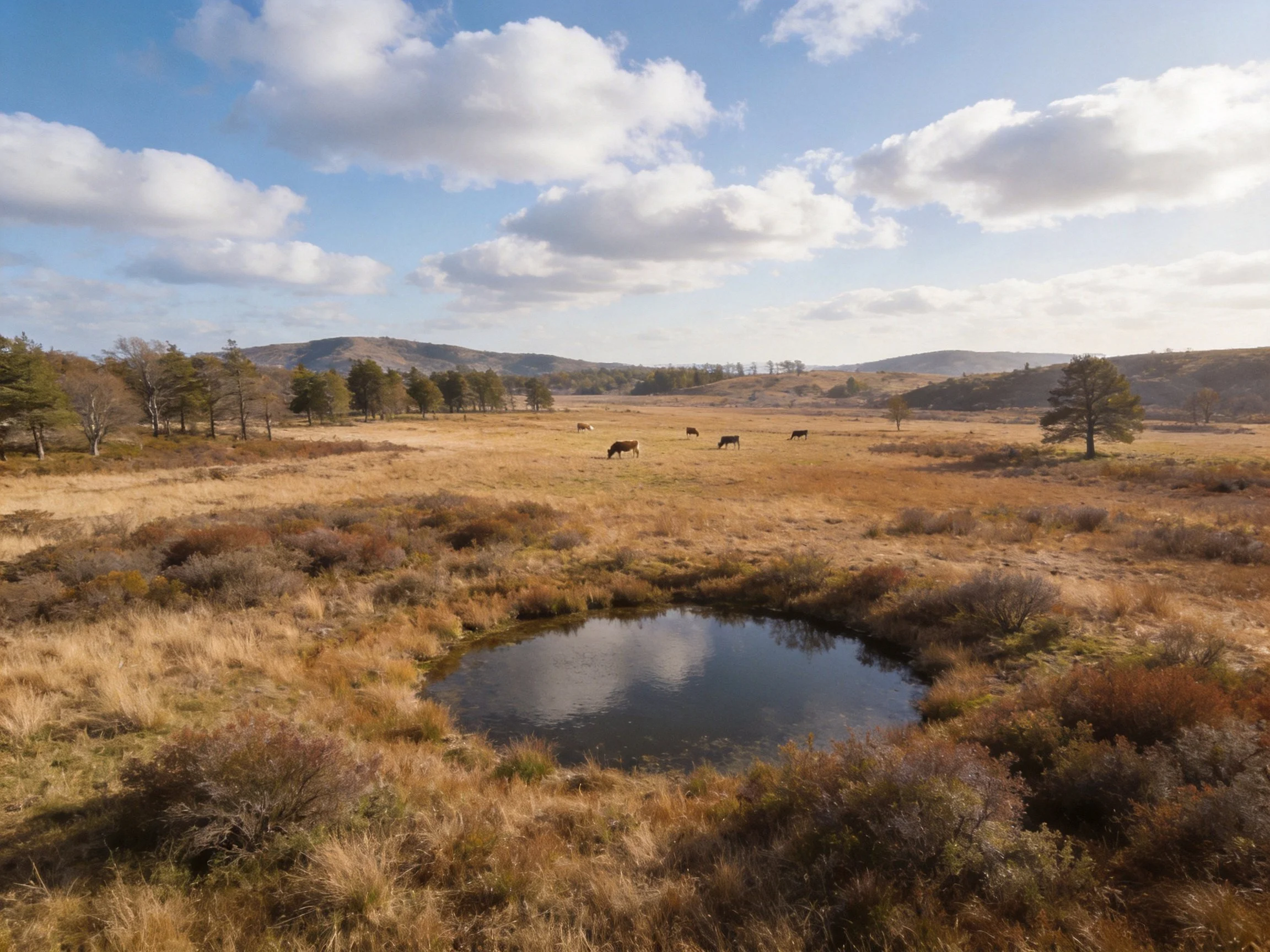 A serene autumn meadow with a small pond and grazing cattle