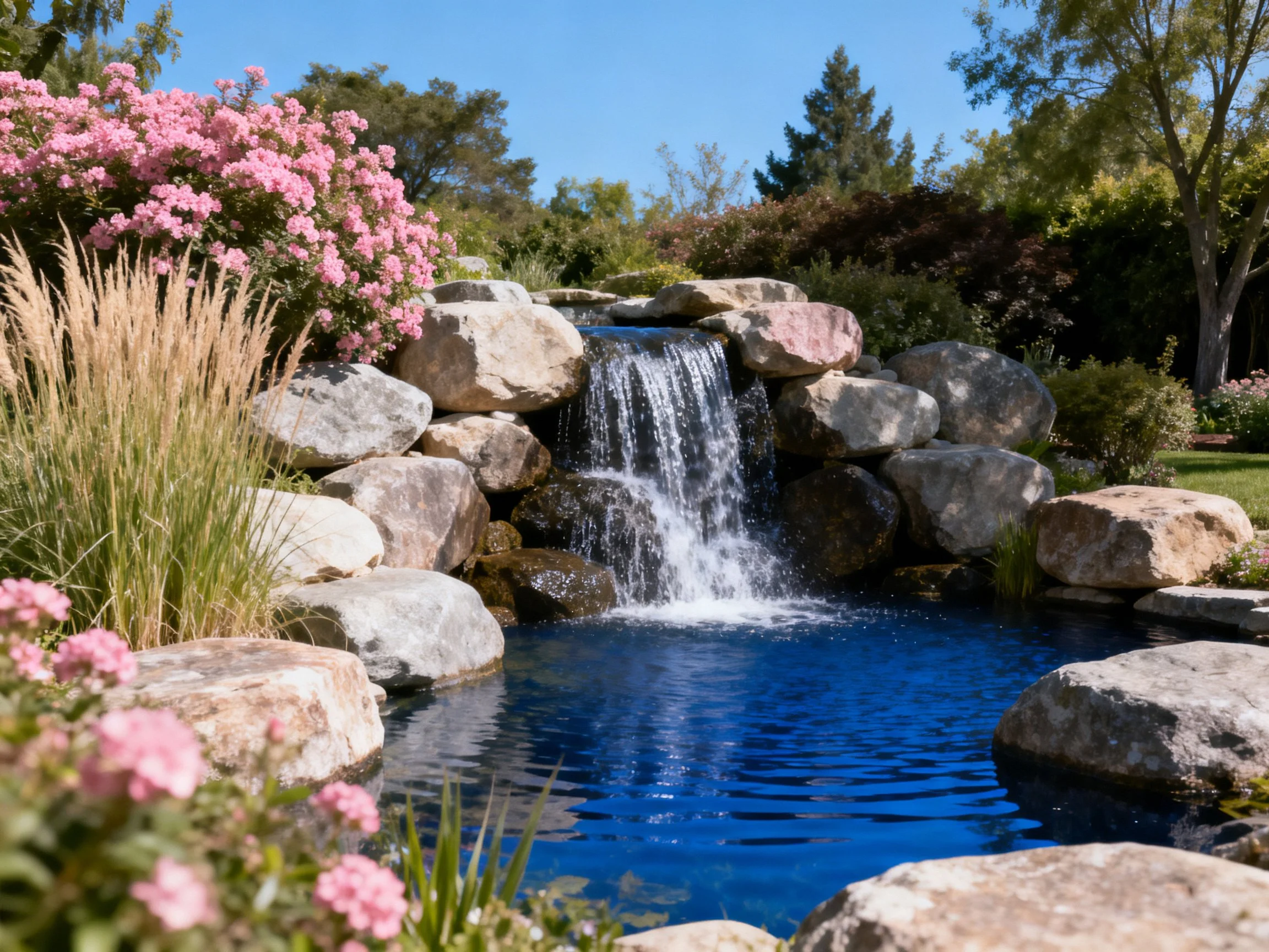 A serene backyard pond with rocky waterfall and pink flowering