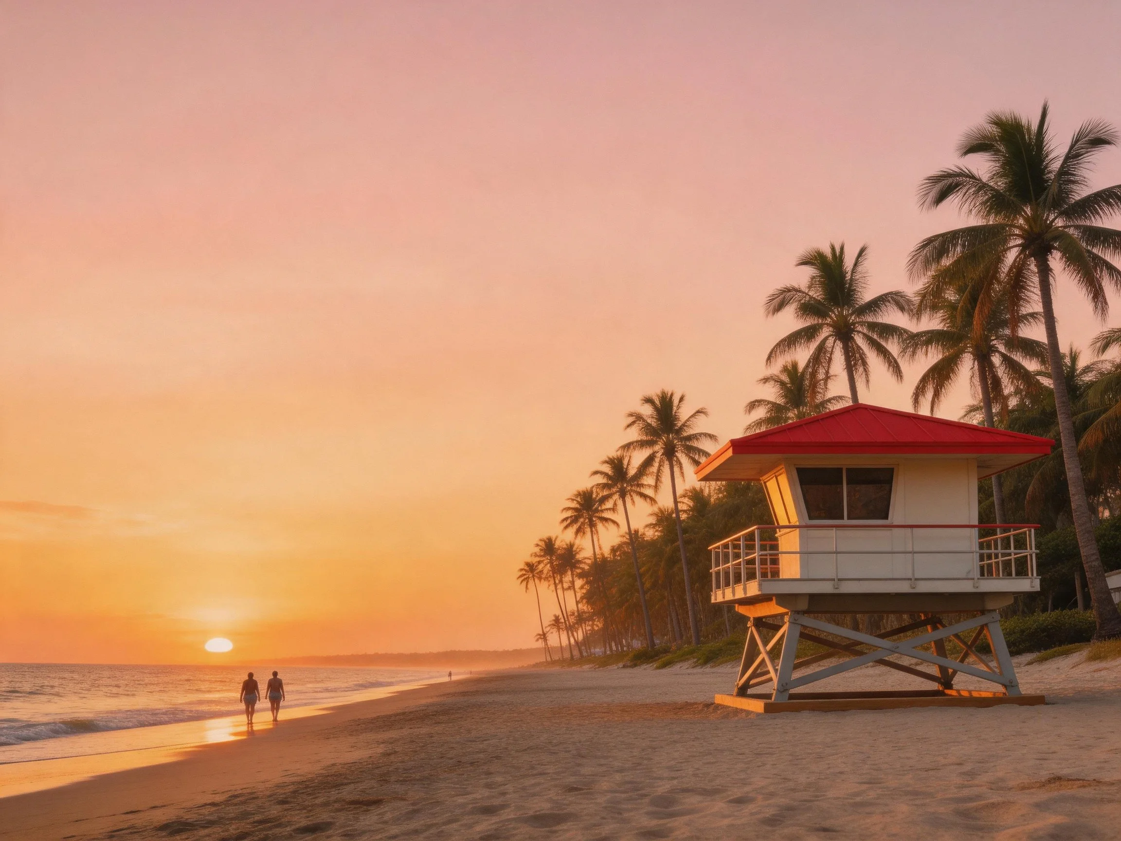 A serene beach sunset with a red-roofed lifeguard tower
