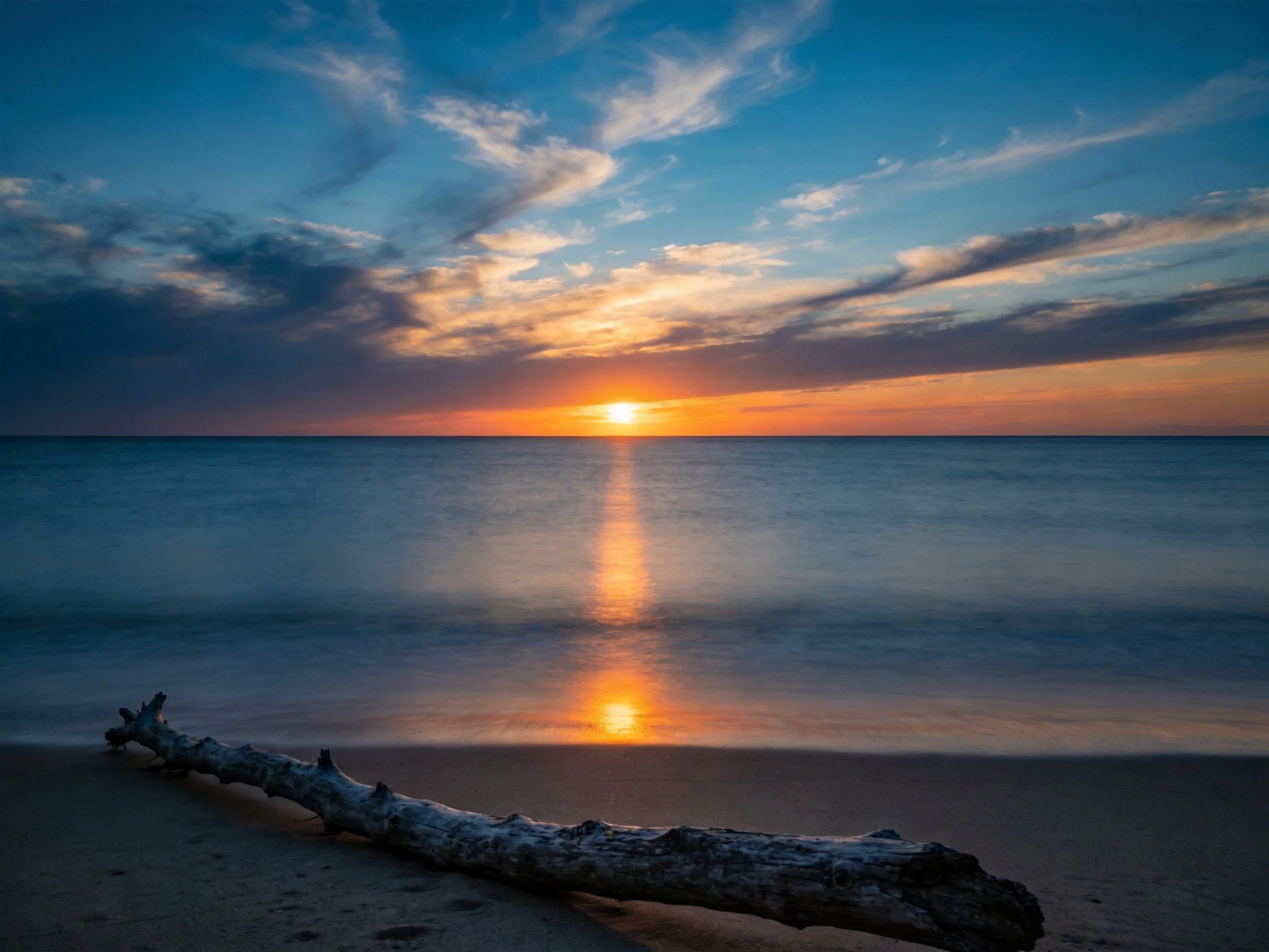 A serene beach sunset with driftwood and calm ocean