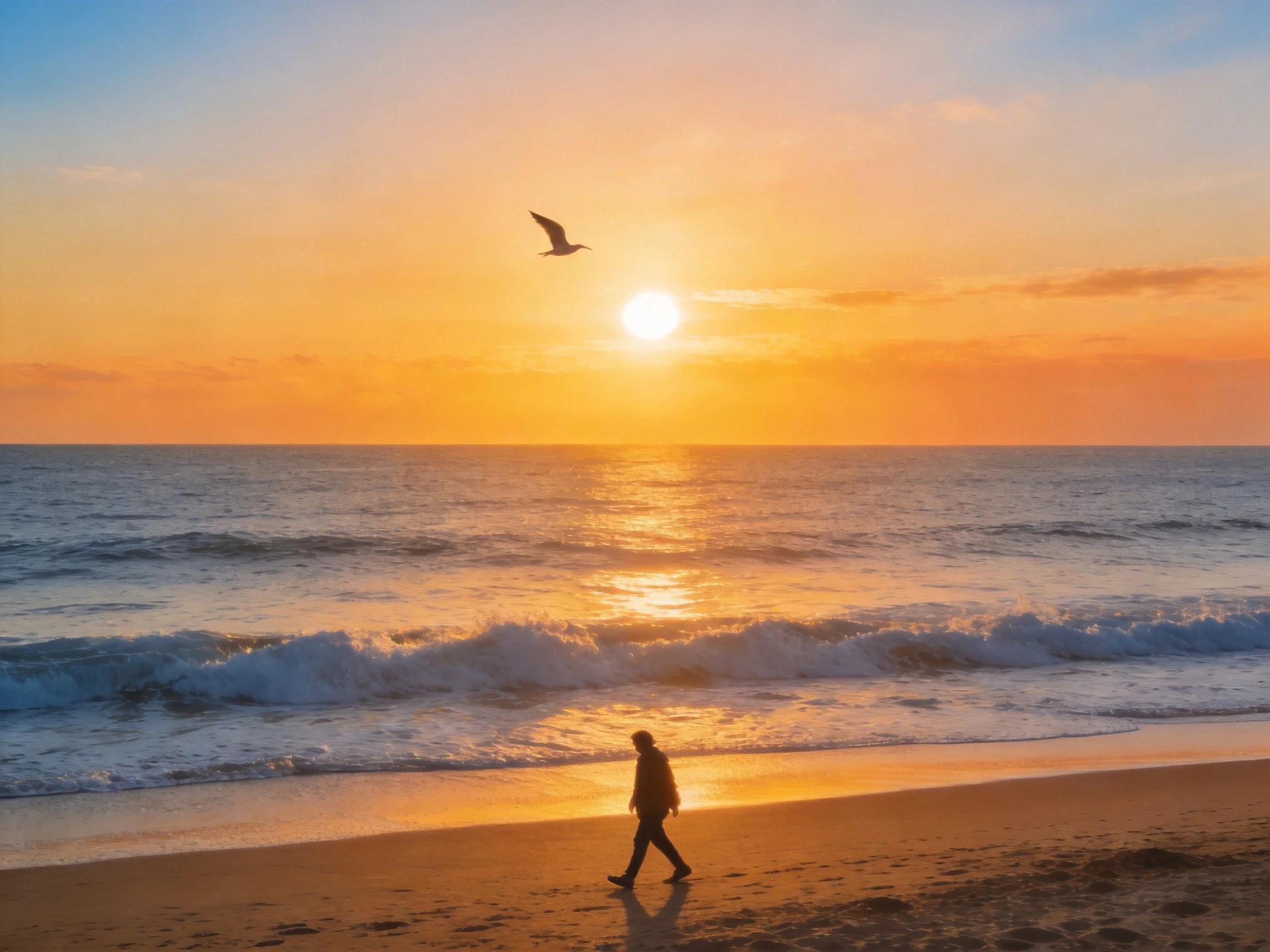 A serene beach sunset with golden hues, gentle waves, and a lone walker
