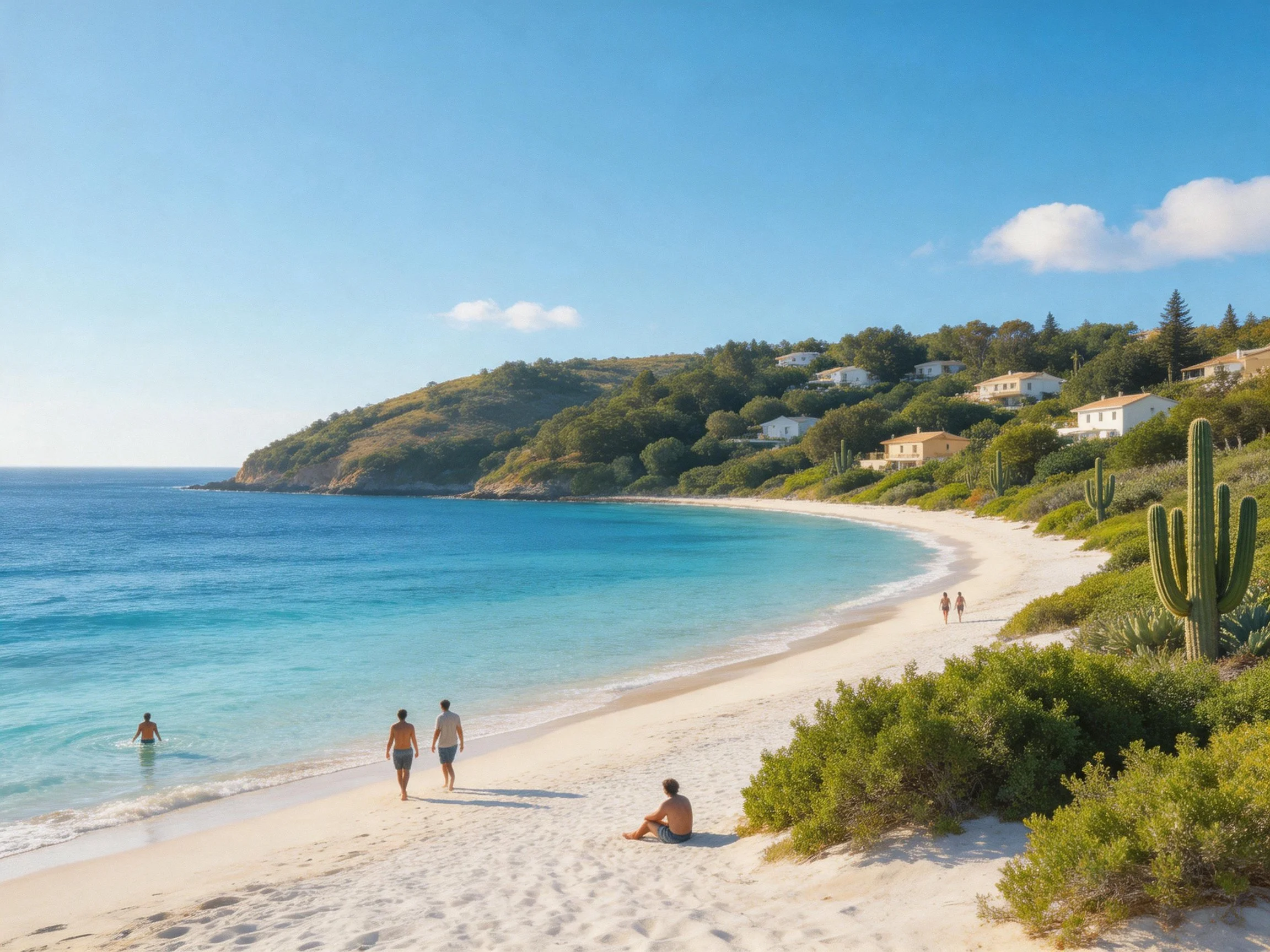 A serene beach with turquoise waters, white sand