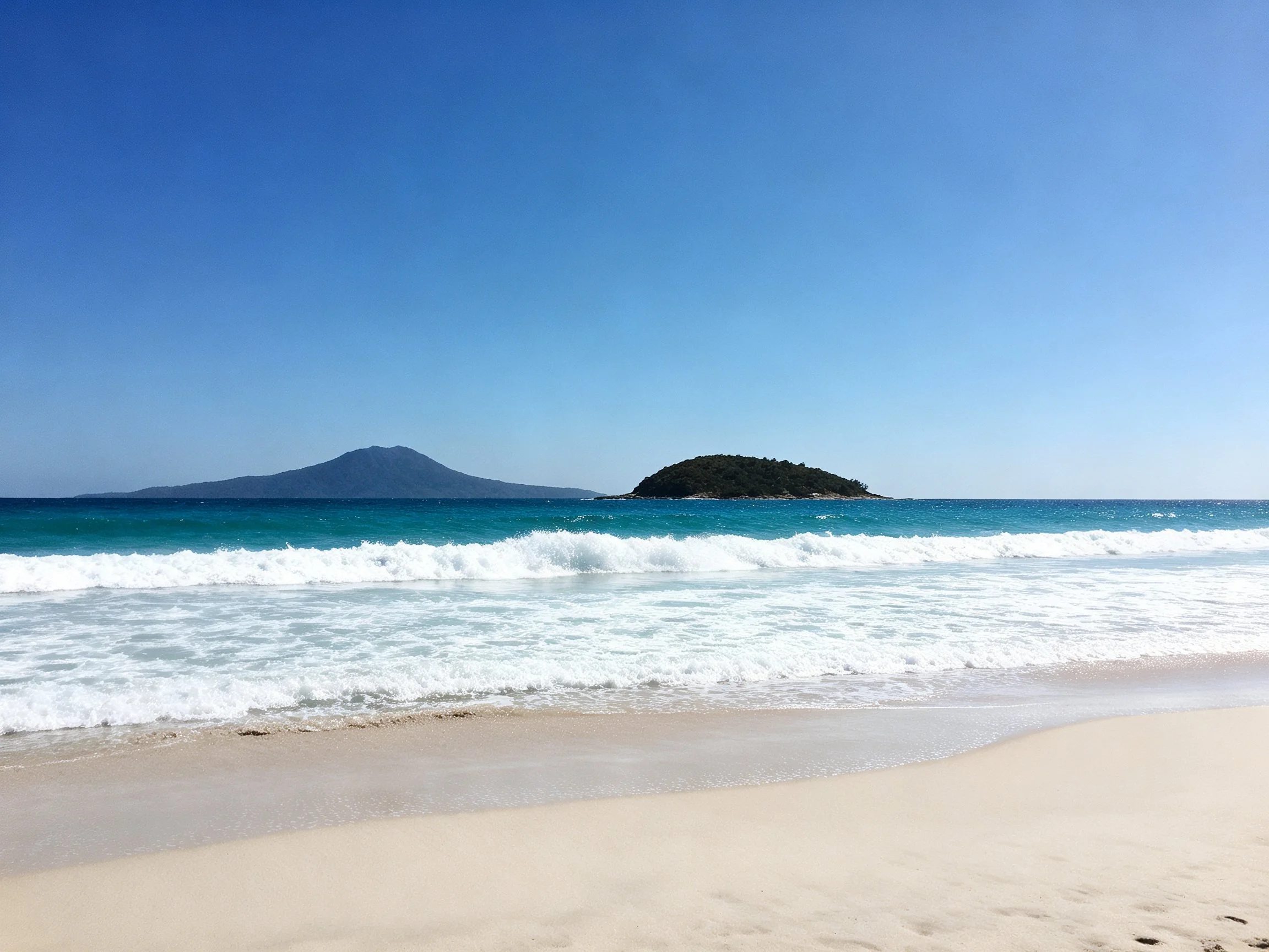 A serene beach with turquoise waves, white sand, and distant islands