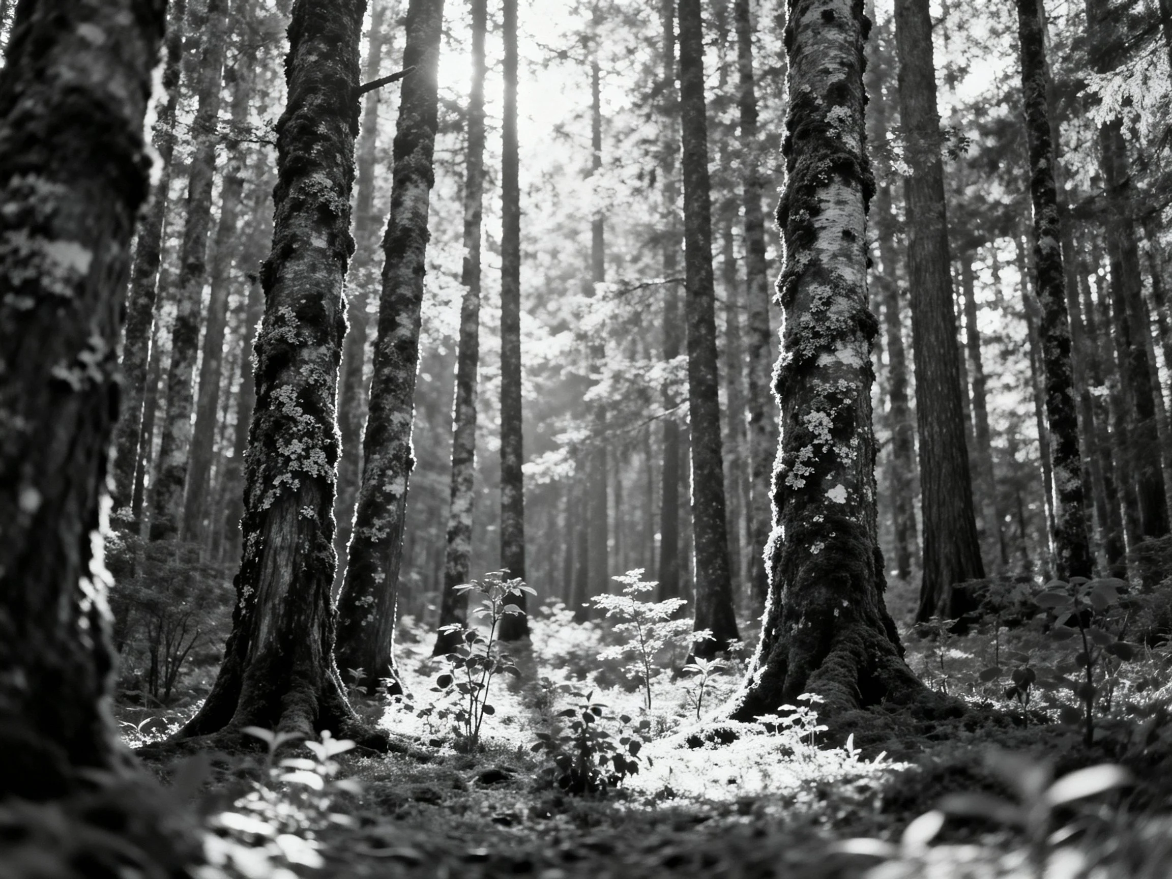 A serene black and white forest with towering moss-covered trees