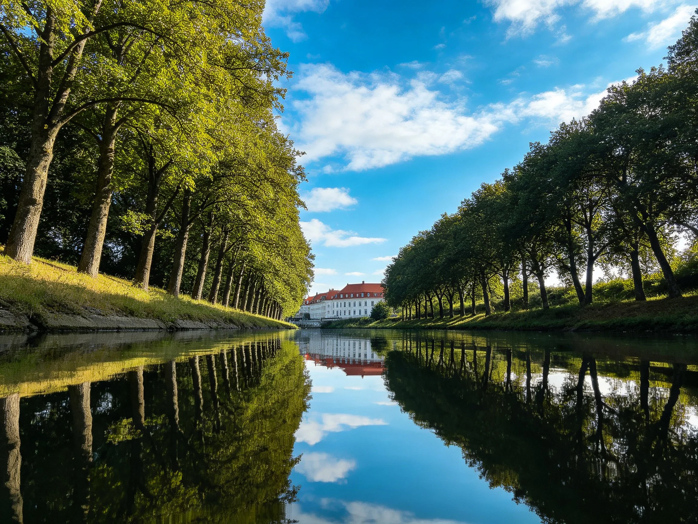 A serene canal lined with tall green trees reflecting in still water