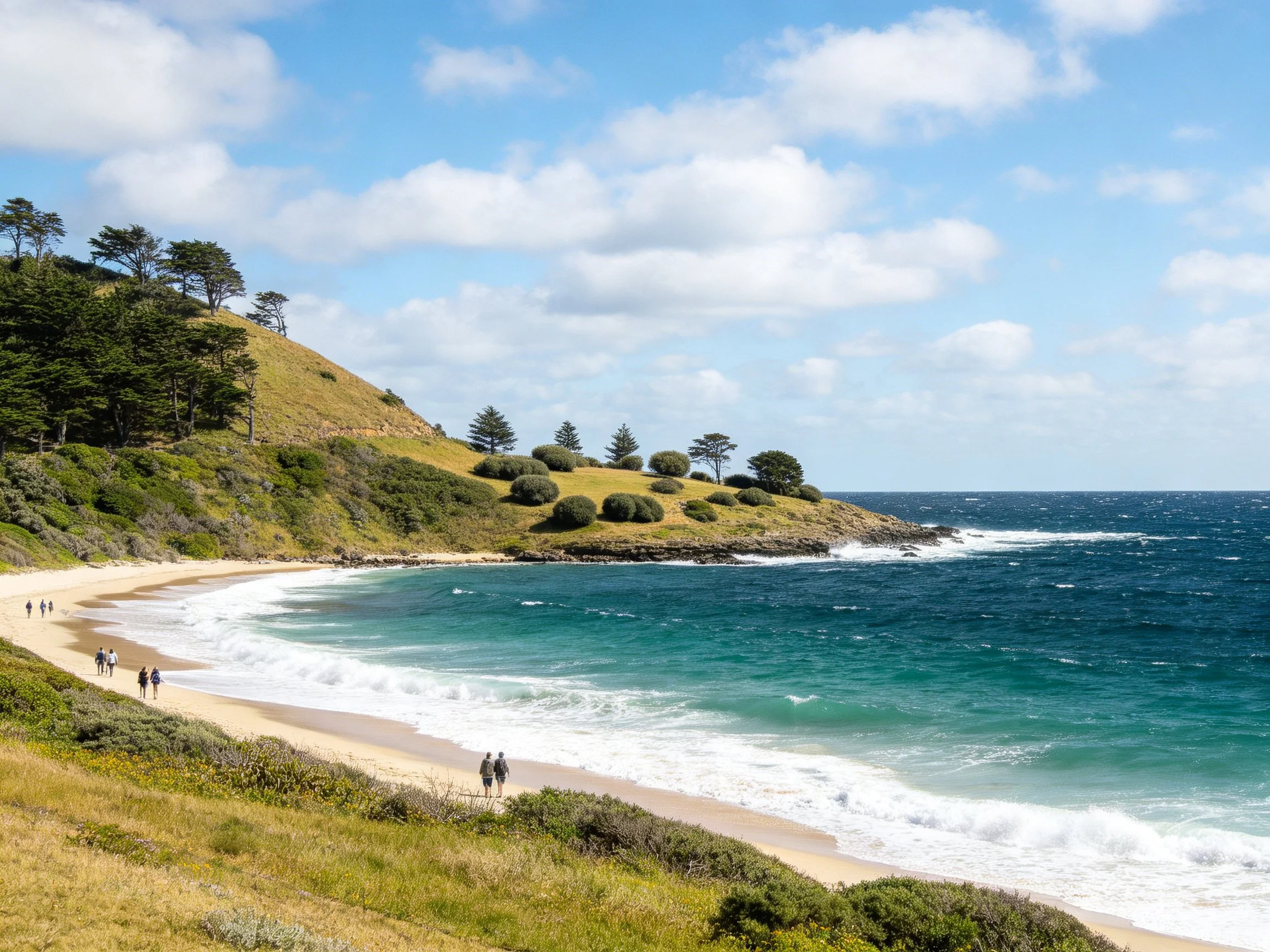 A serene coastal cove with turquoise waters and sandy shores