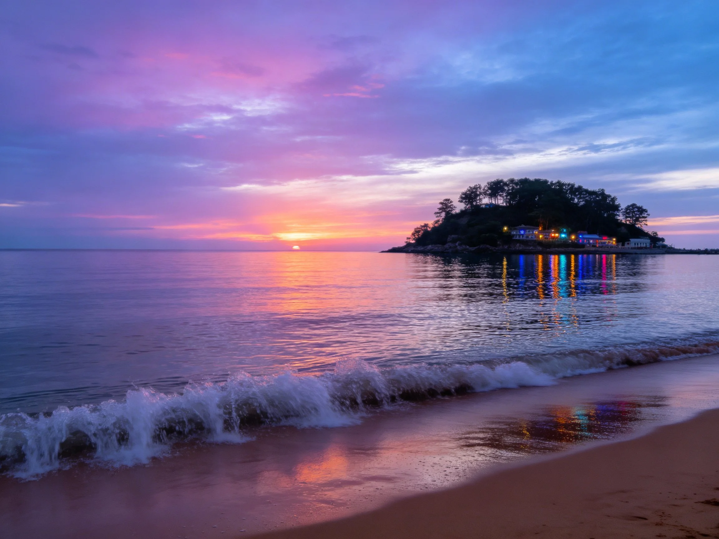 A serene coastal dusk with a lit island and colorful reflections