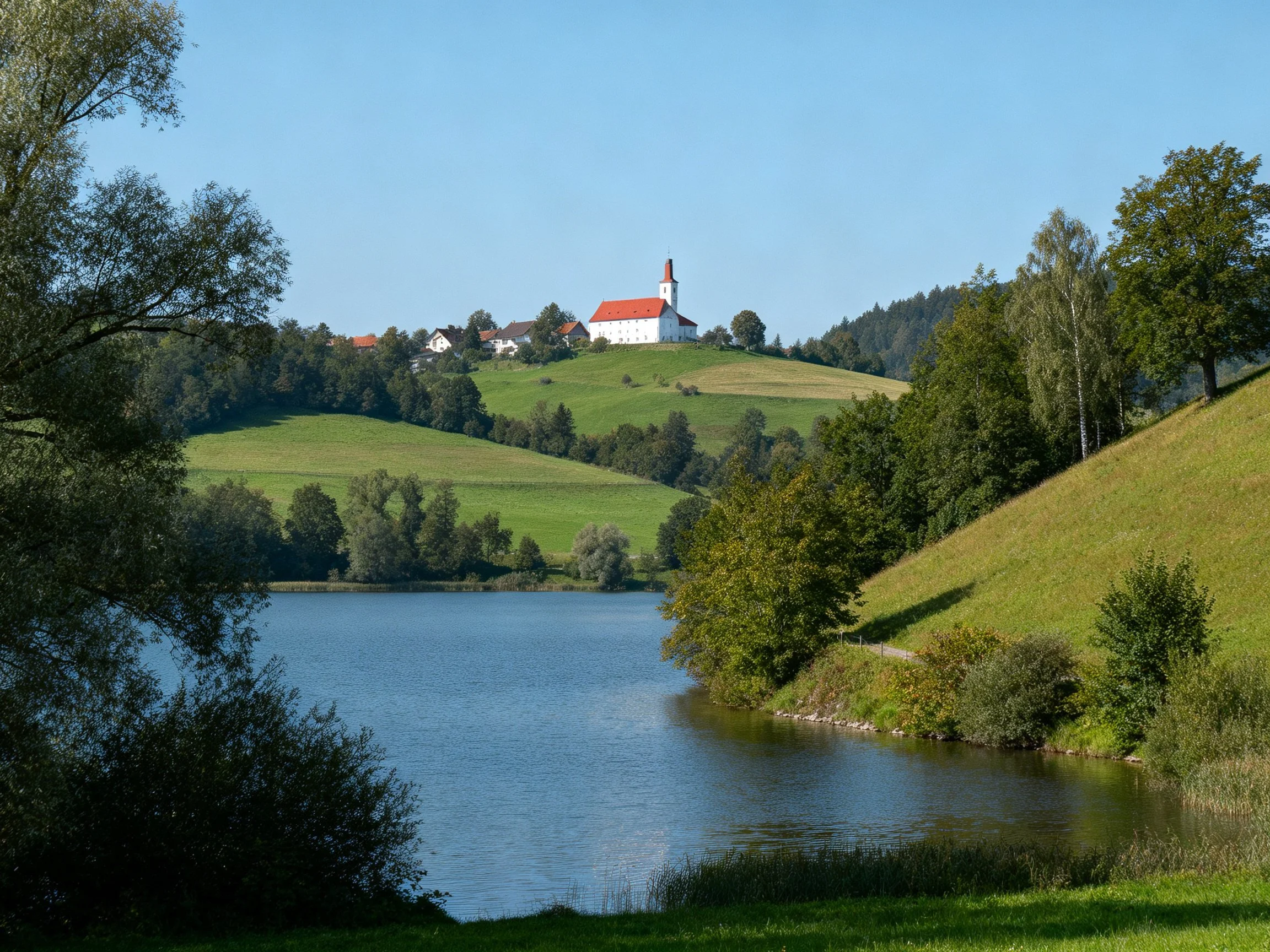A serene countryside landscape with a lake, green hills, and a white church