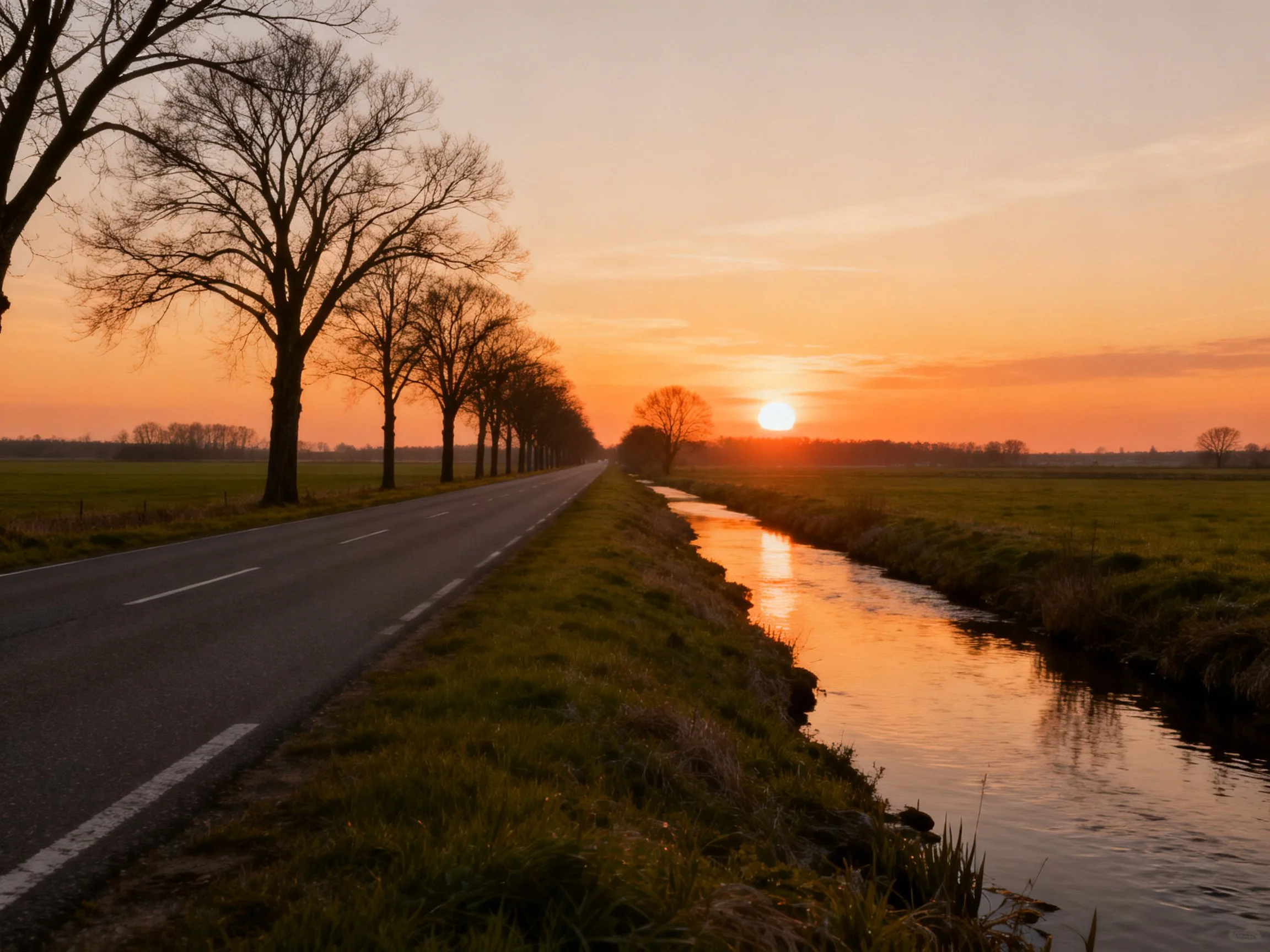 A serene countryside road beside reflective water canal at golden hour