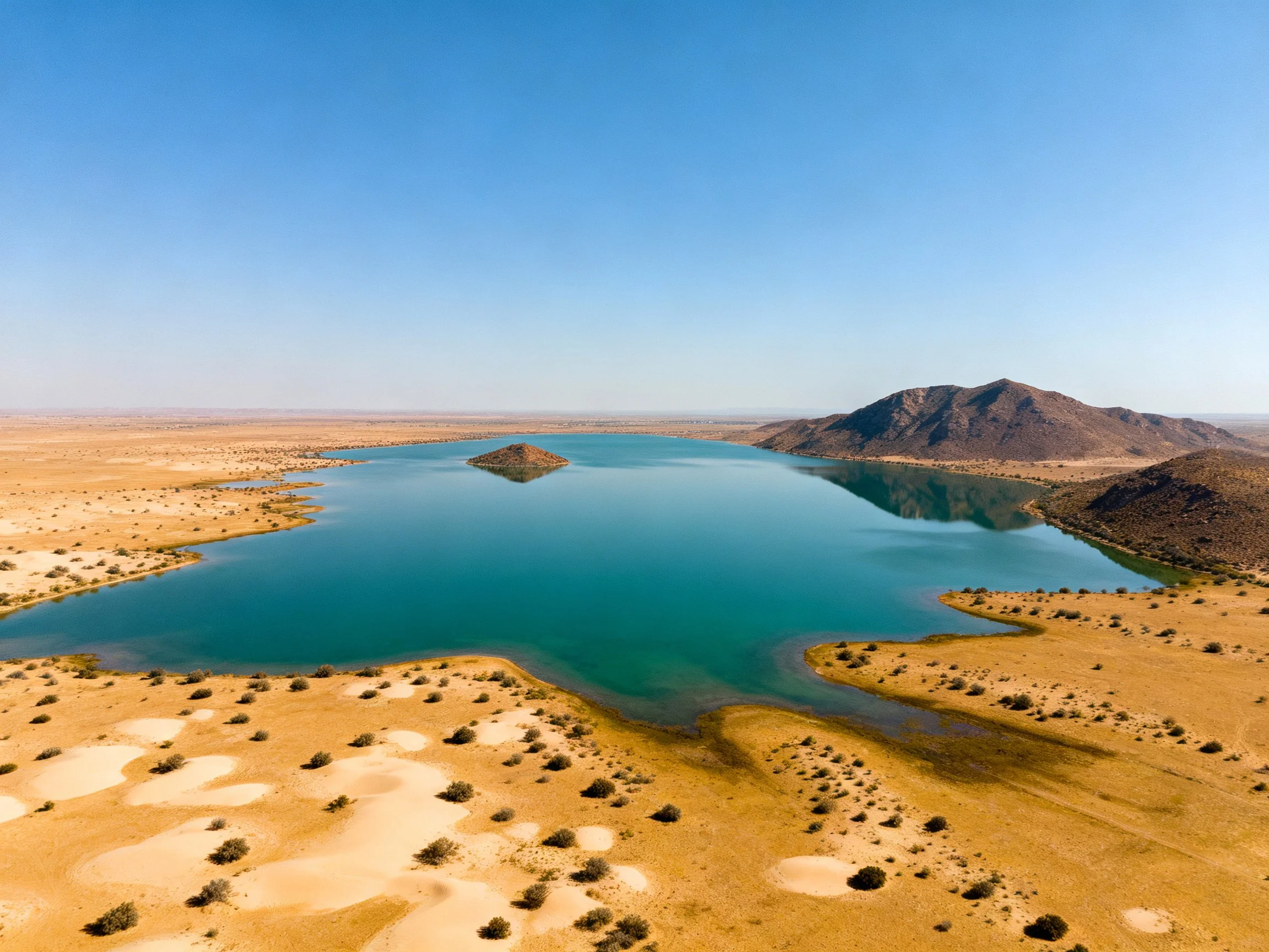 A serene desert lake surrounded by arid terrain and distant mountains