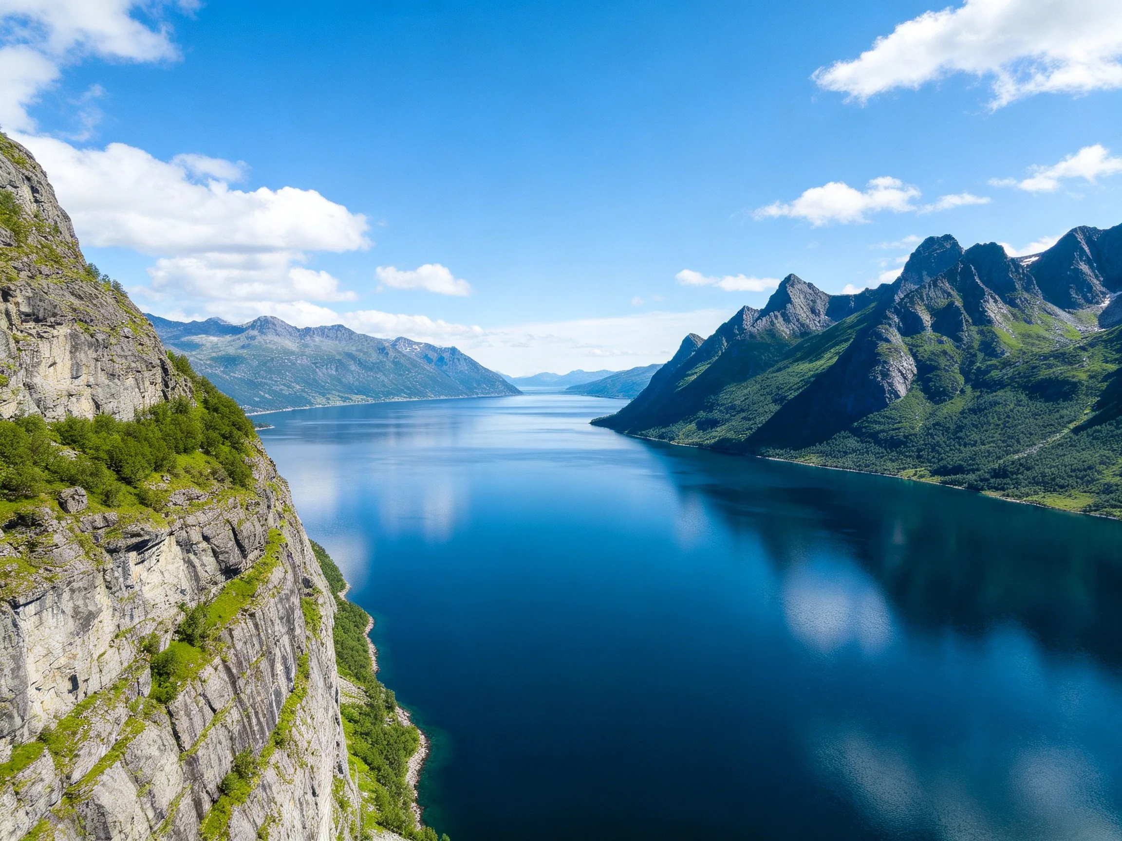 A serene fjord surrounded by dramatic mountain cliffs and lush greenery