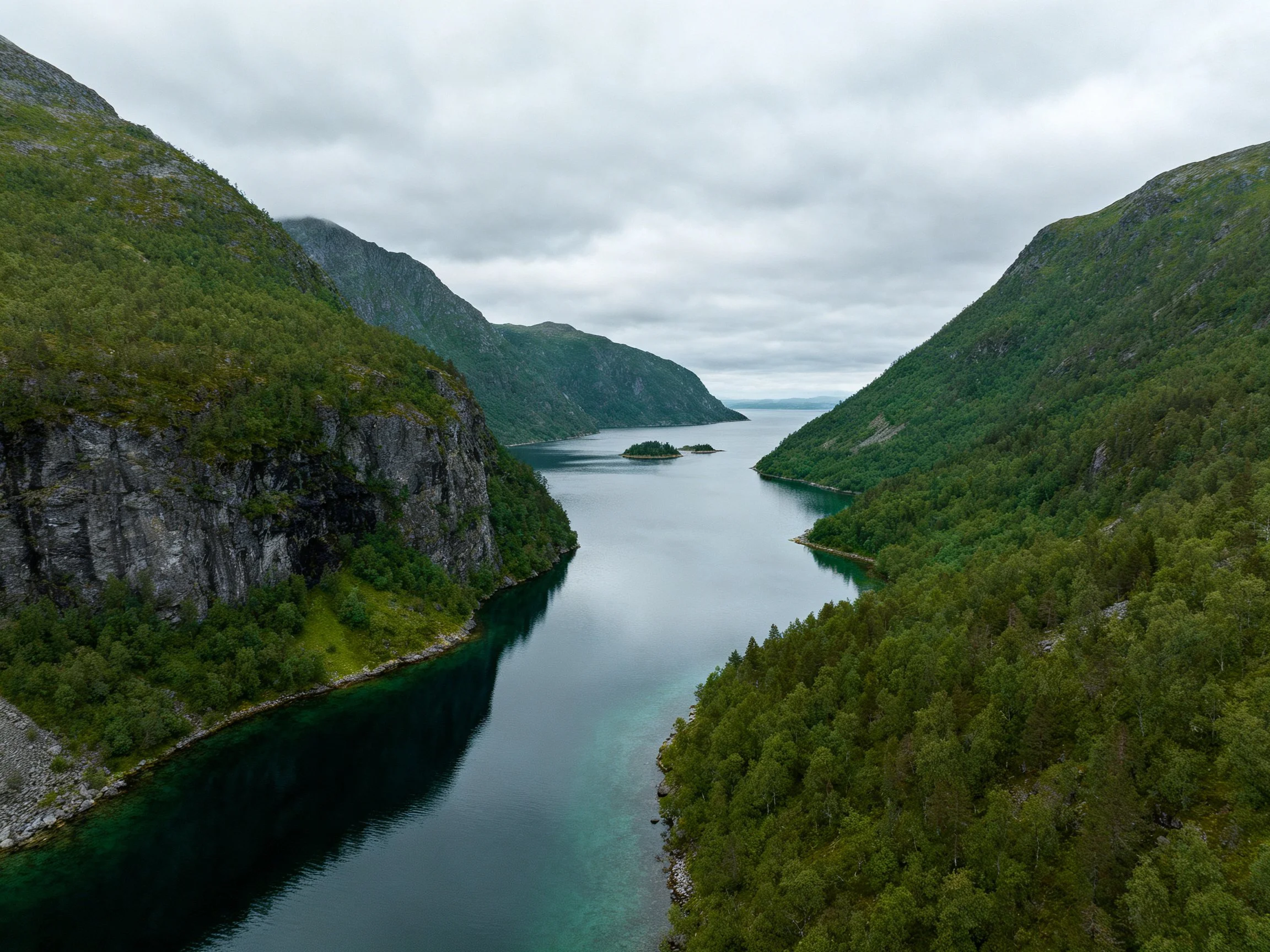 A serene fjord surrounded by lush green mountains under overcast skies