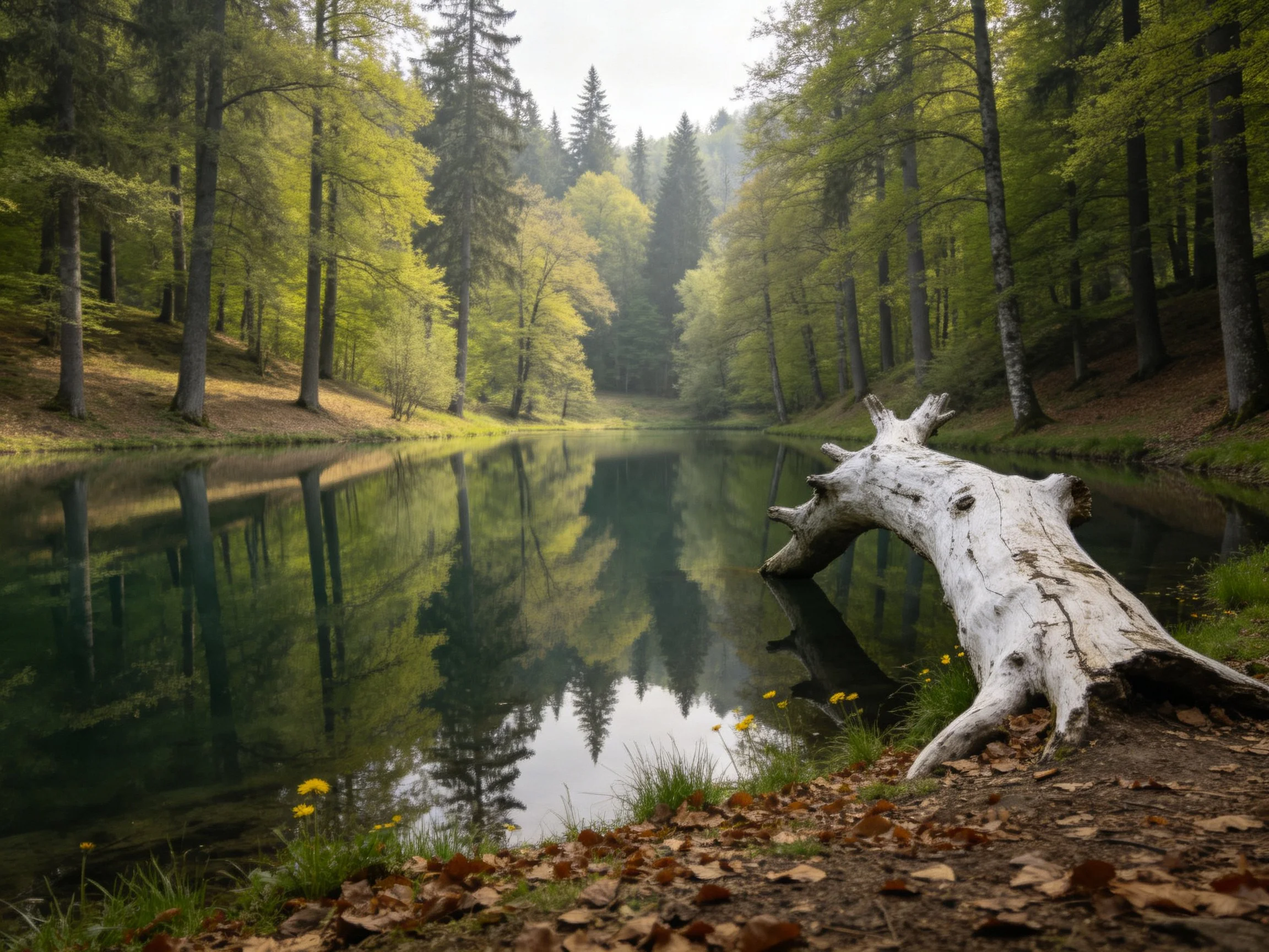 A serene forest lake with a weathered white log and lush green trees