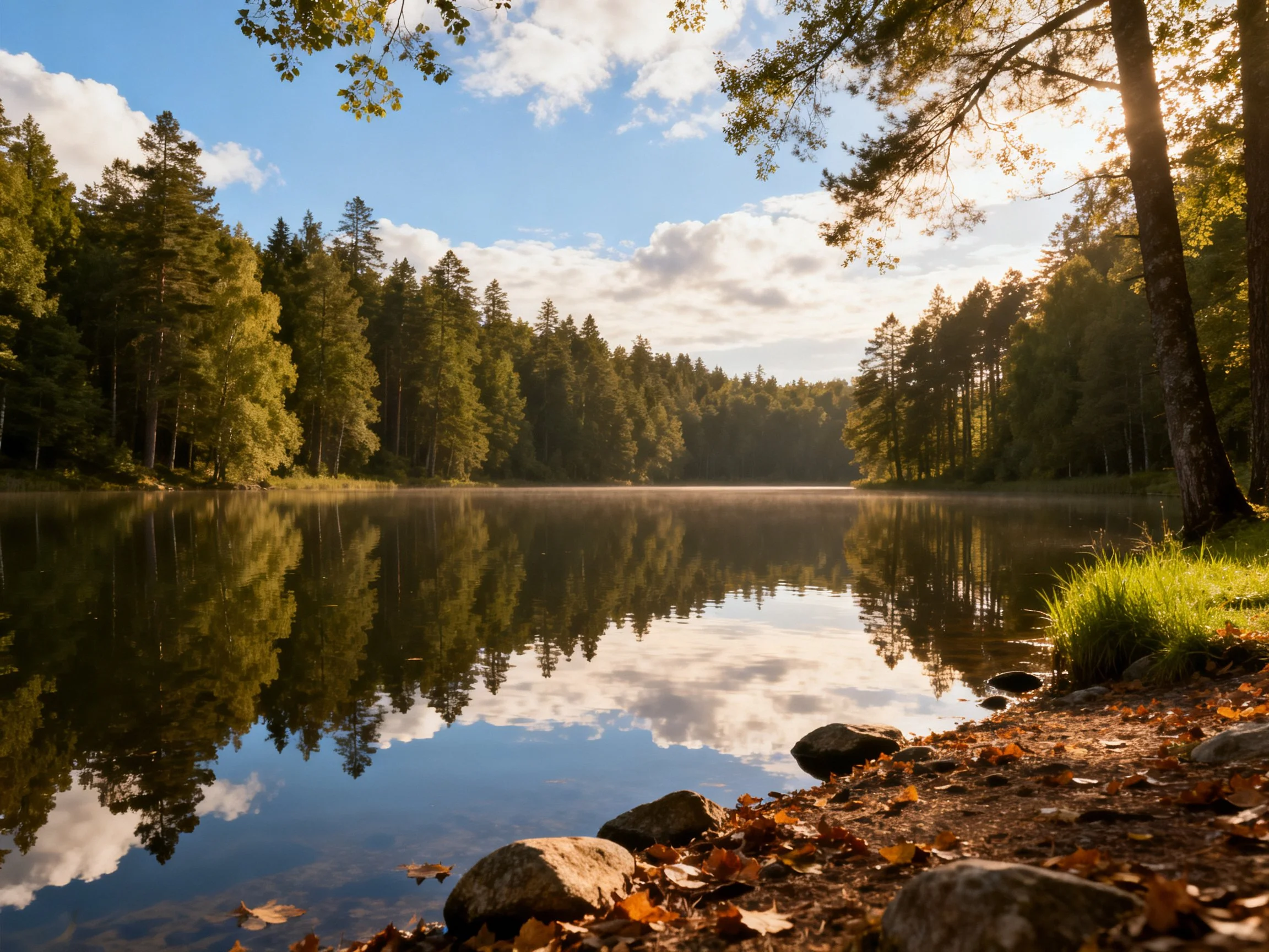 A serene forest lake with mirrored tree reflections