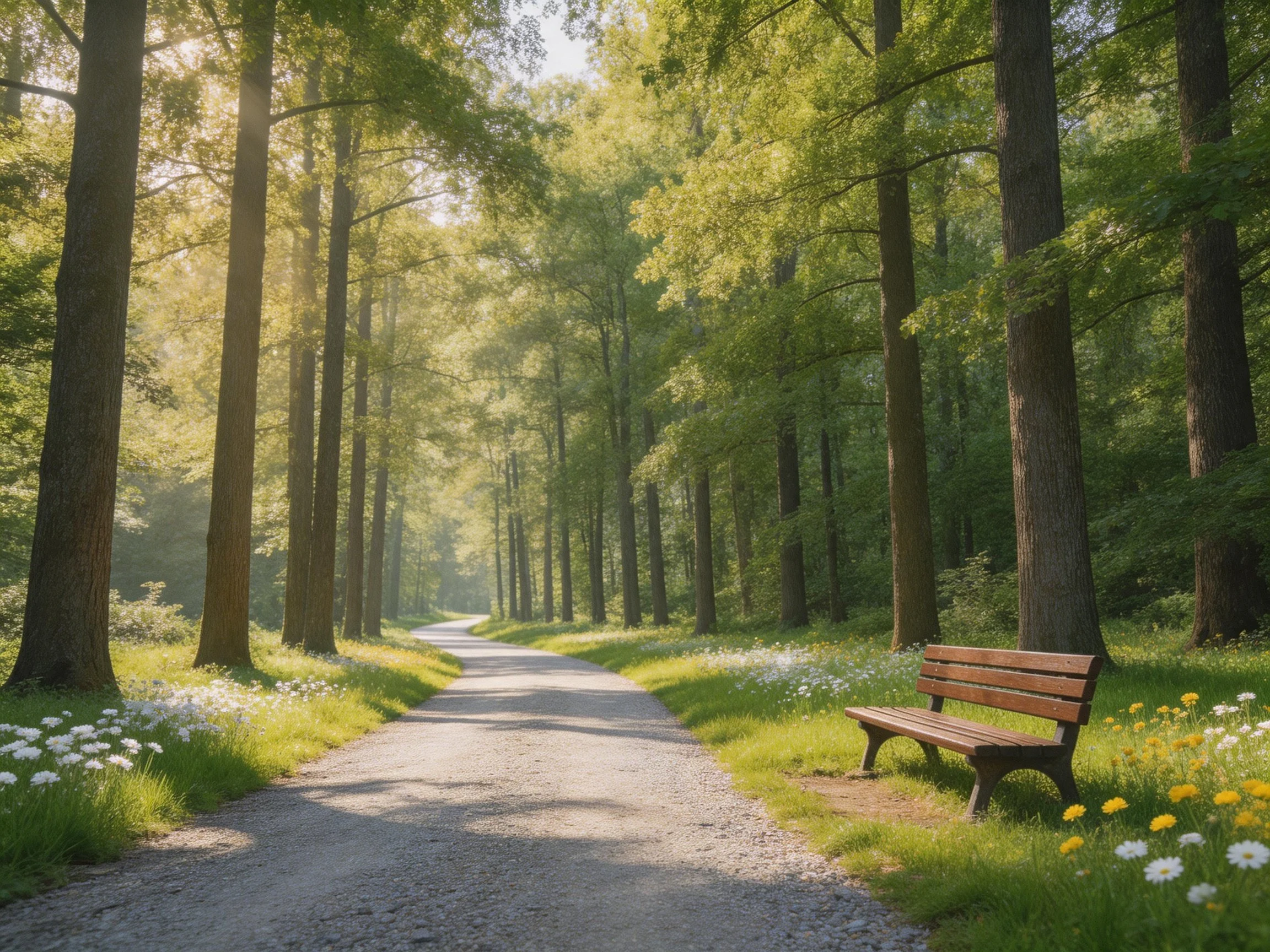 A serene forest path with tall trees, wooden bench, and wildflowers