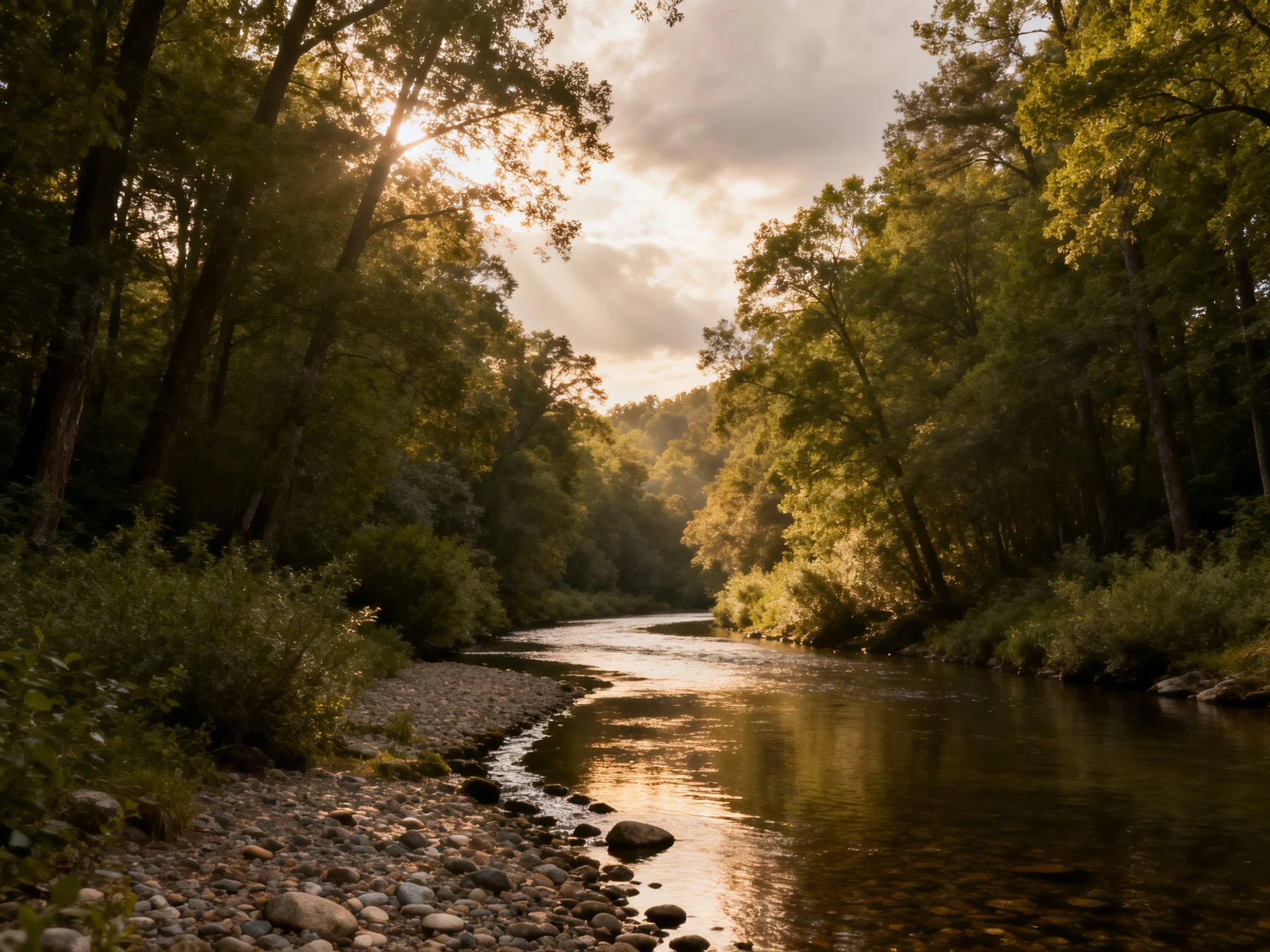A serene forest river bathed in golden sunlight