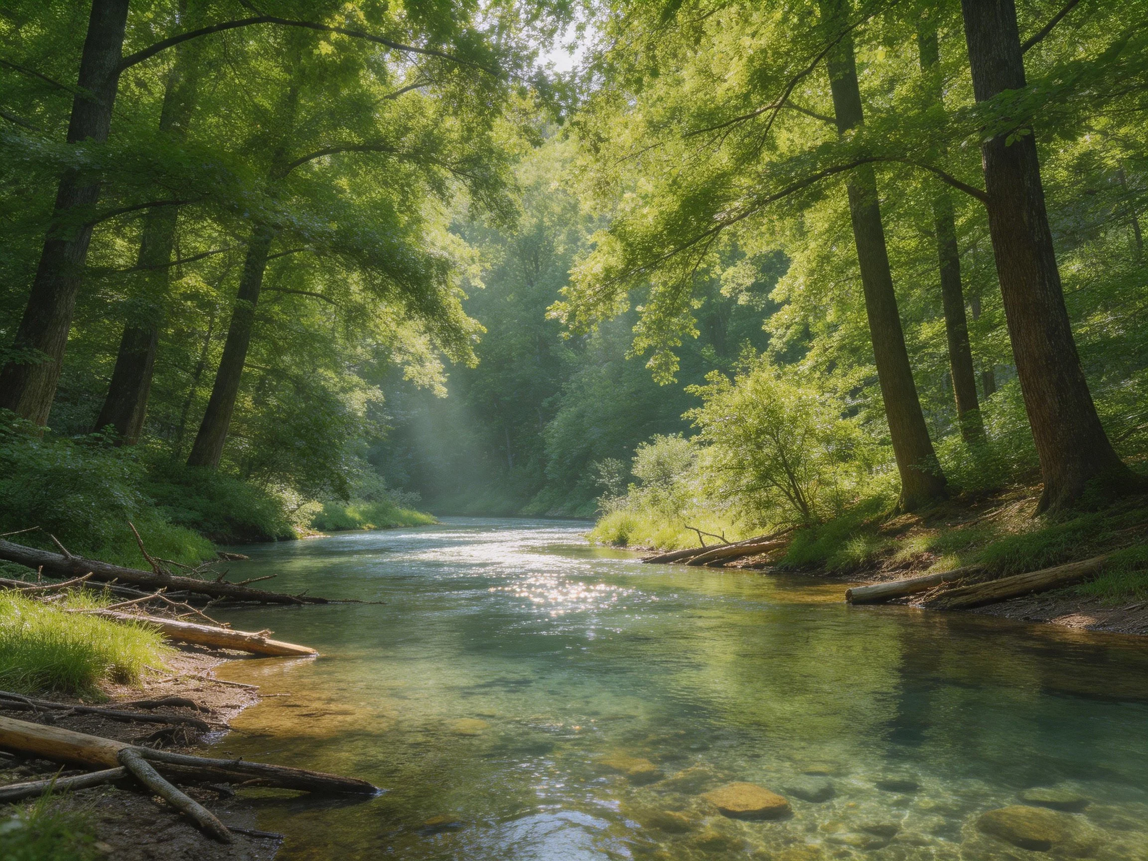 A serene forest stream surrounded by lush green trees and clear water
