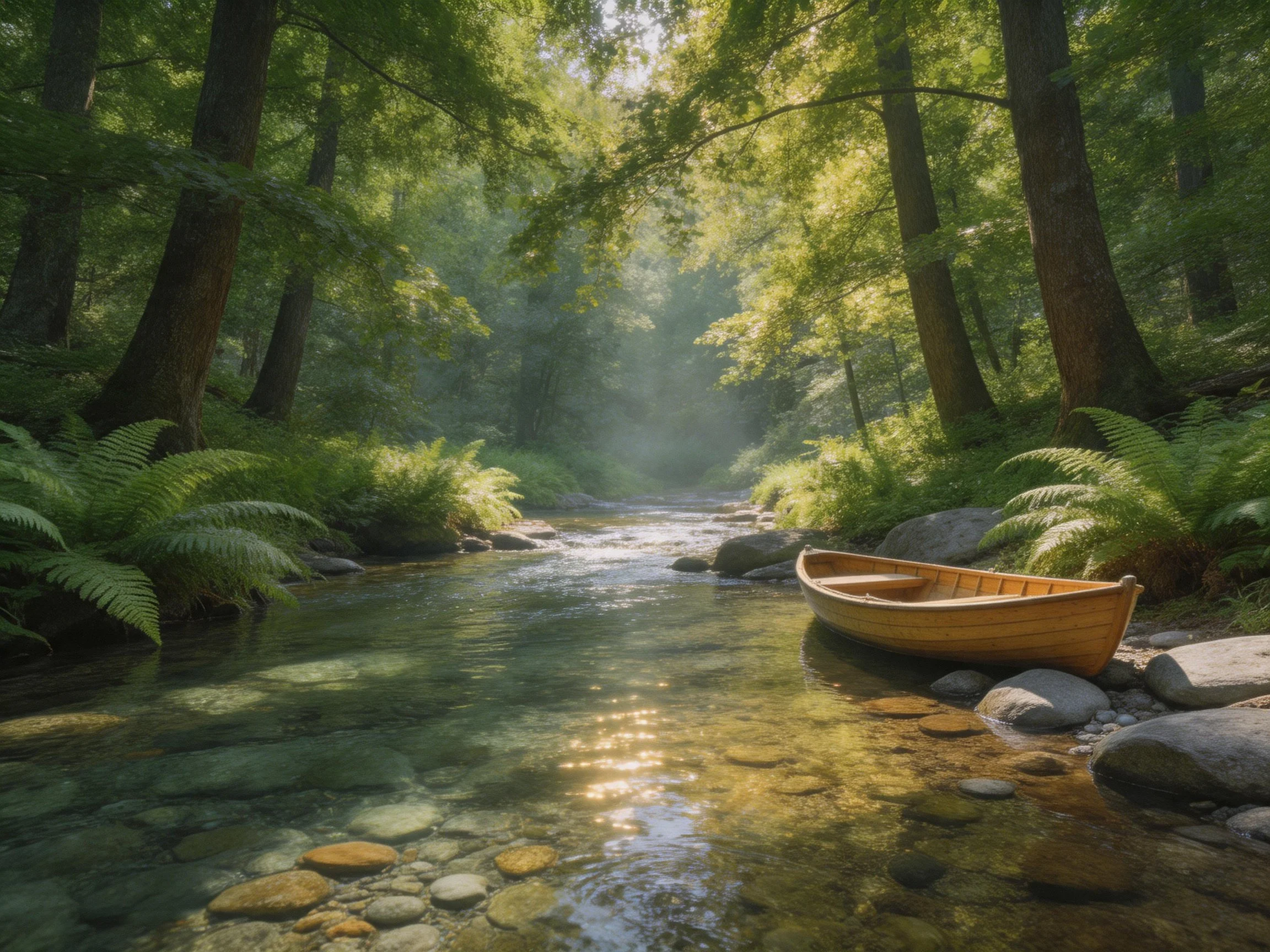 A serene forest stream with a wooden boat and lush ferns