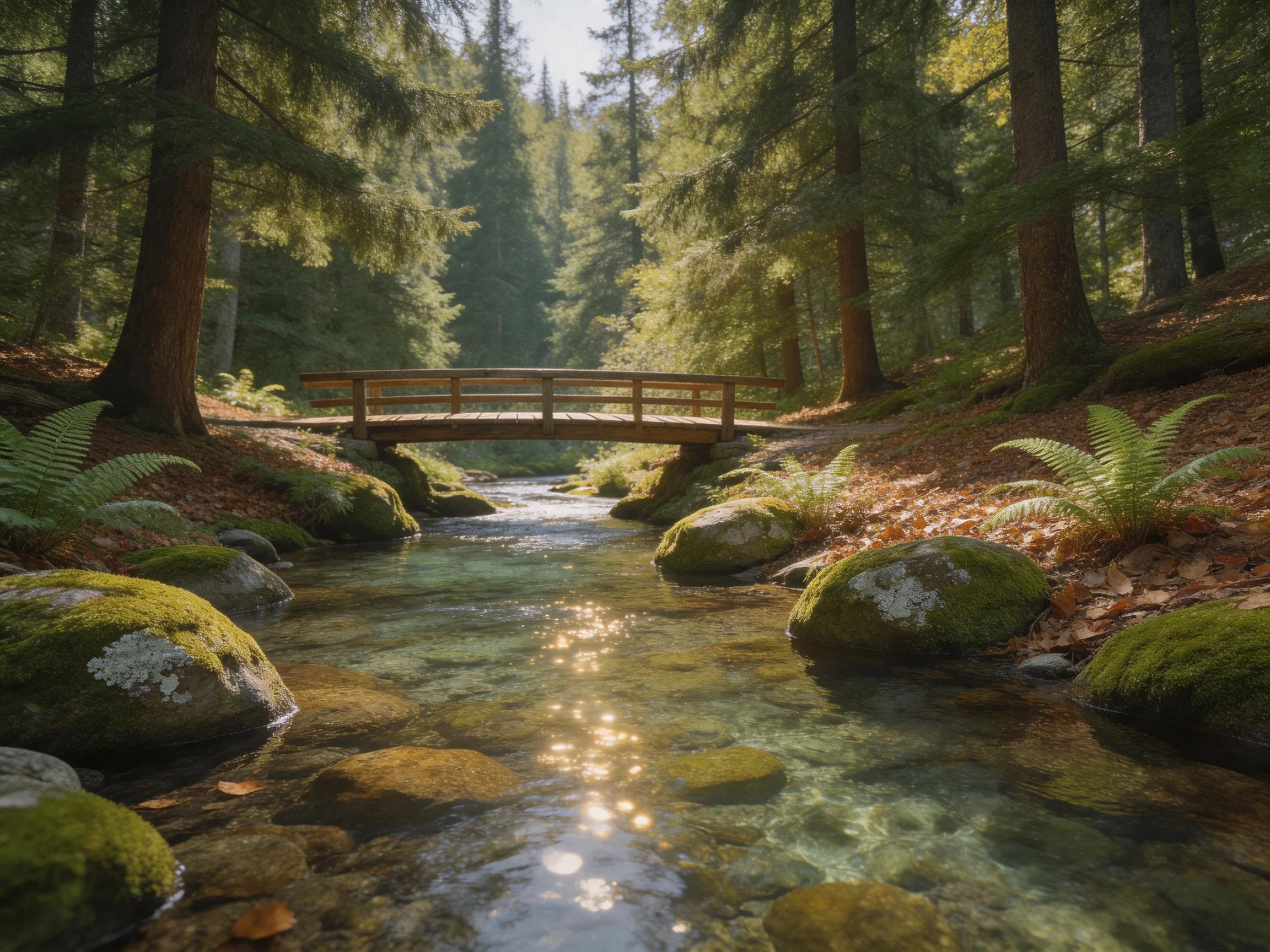 A serene forest stream with a wooden bridge over clear water