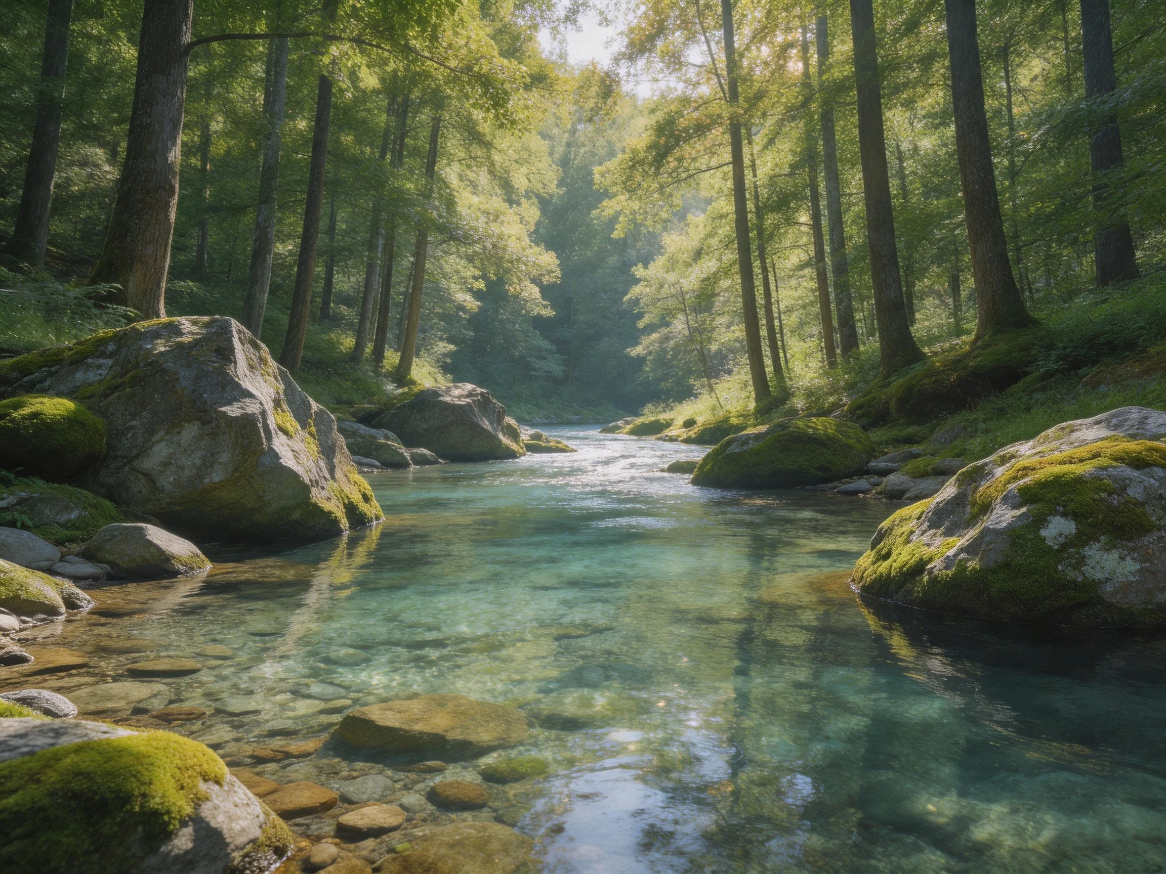 A serene forest stream with clear turquoise water and moss-covered rocks