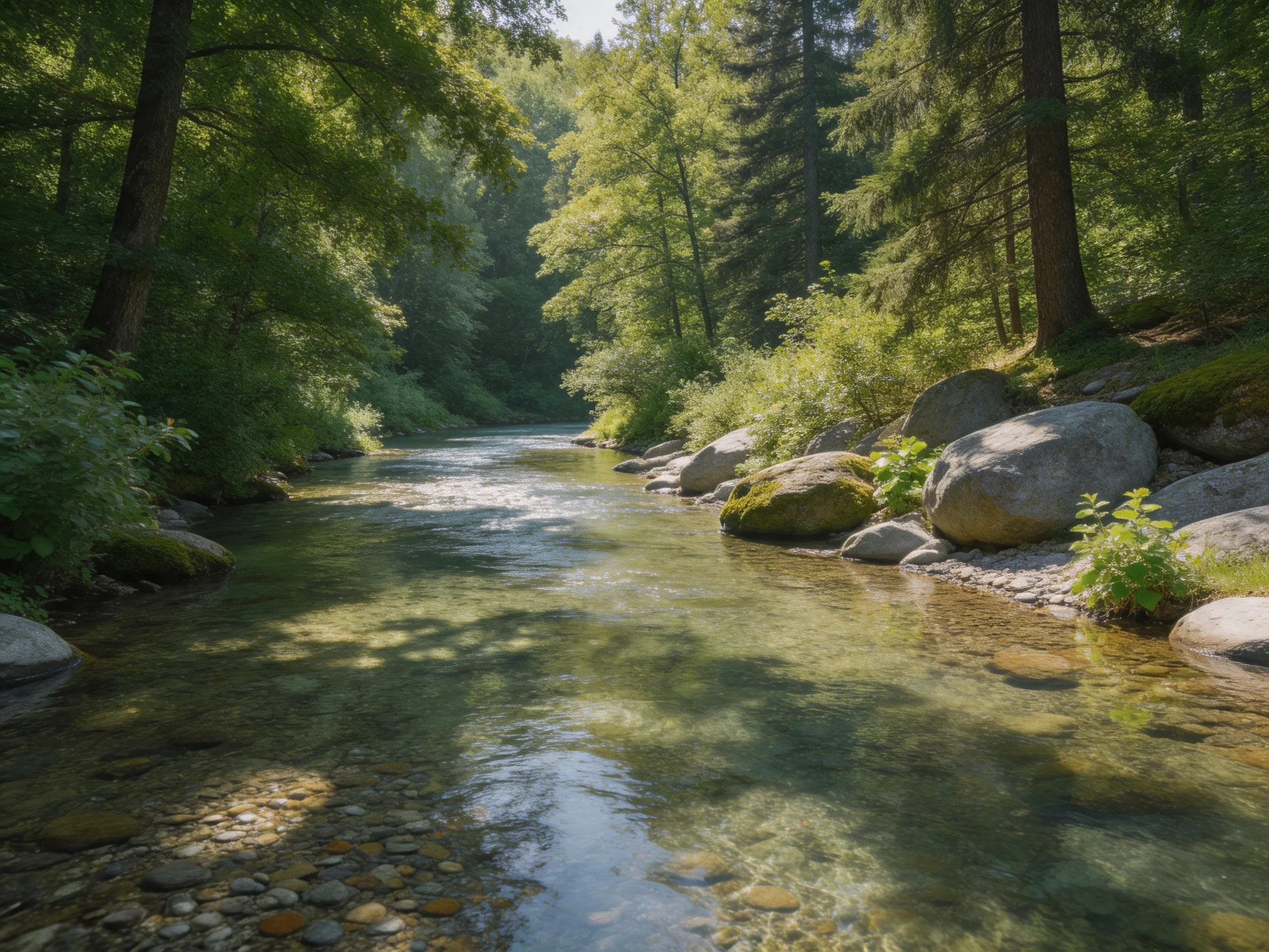 A serene forest stream with clear water and large moss-covered rocks