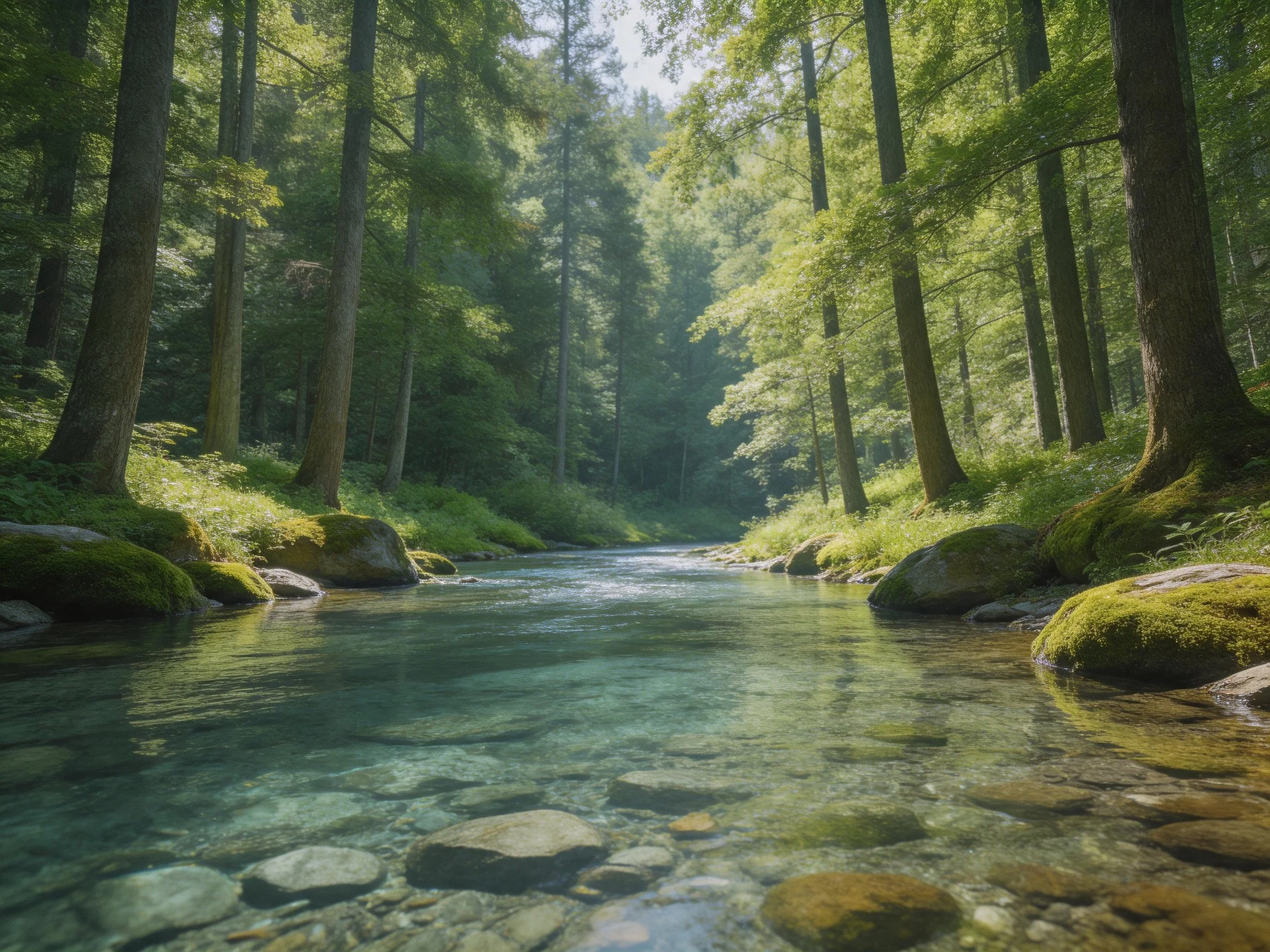 A serene forest stream with clear water and moss-covered rocks