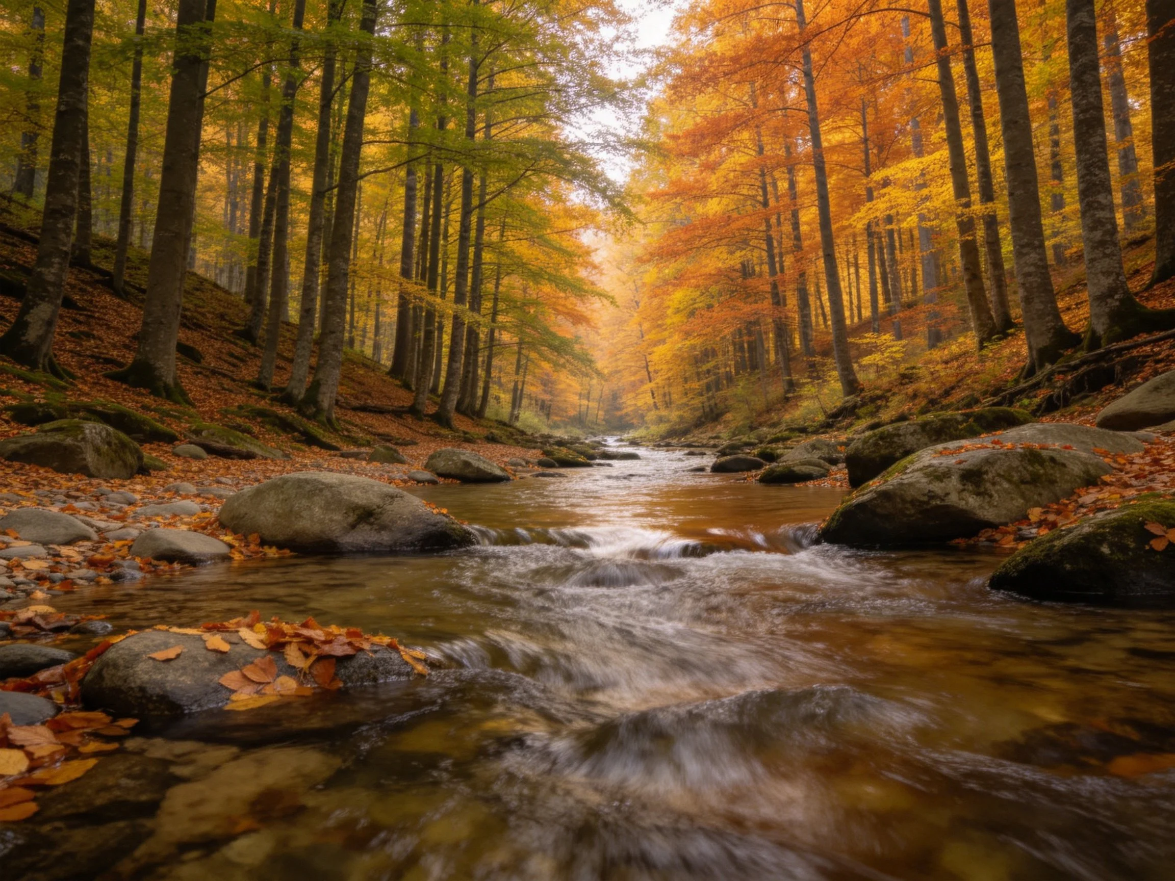 A serene forest stream with golden and orange foliage