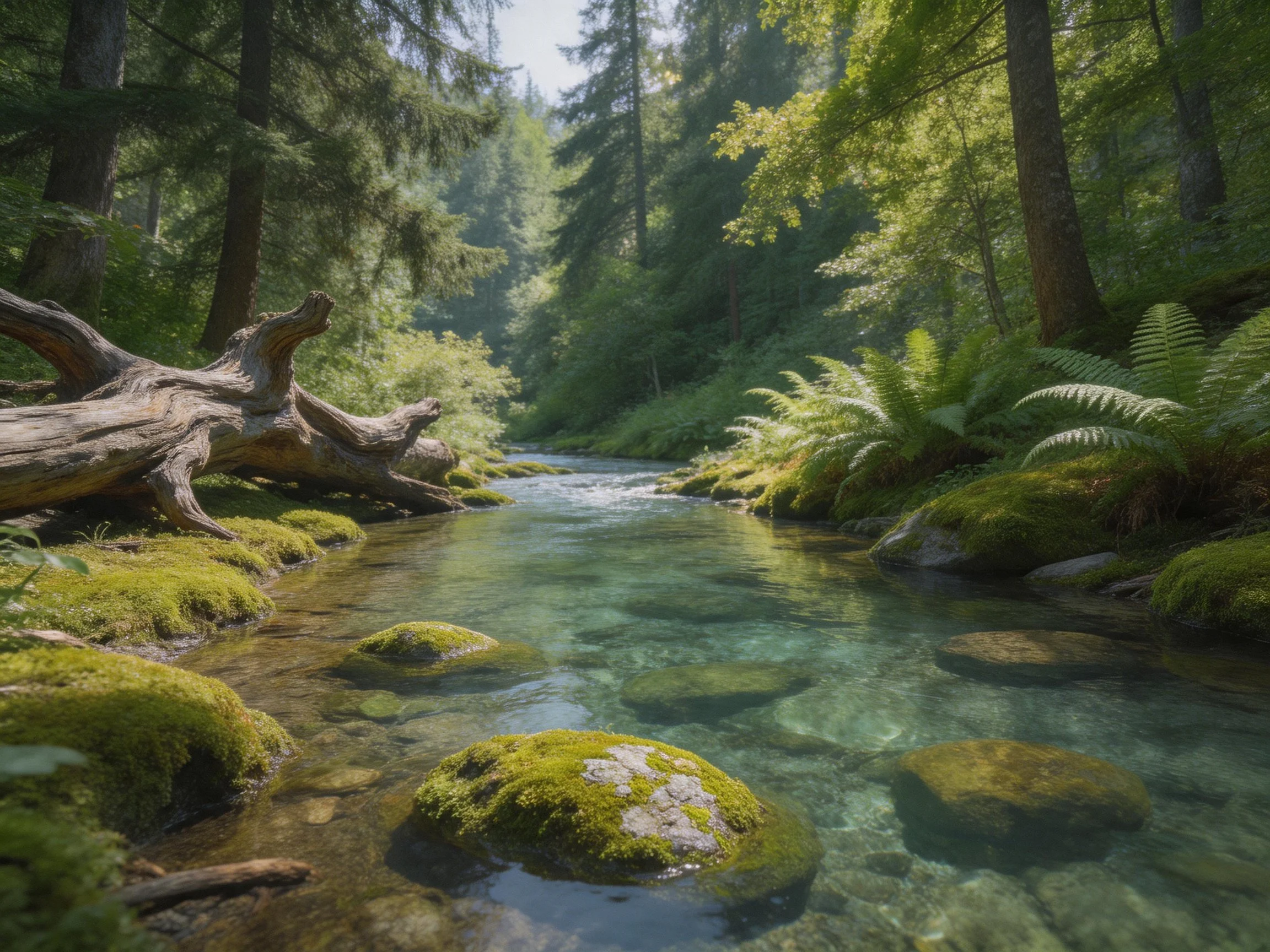 A serene forest stream with moss-covered rocks and fallen timber