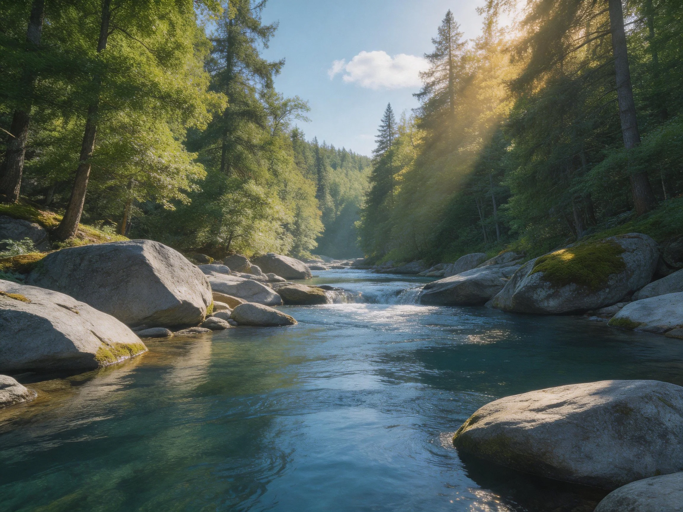 A serene forest stream with moss-covered rocks and sunbeams