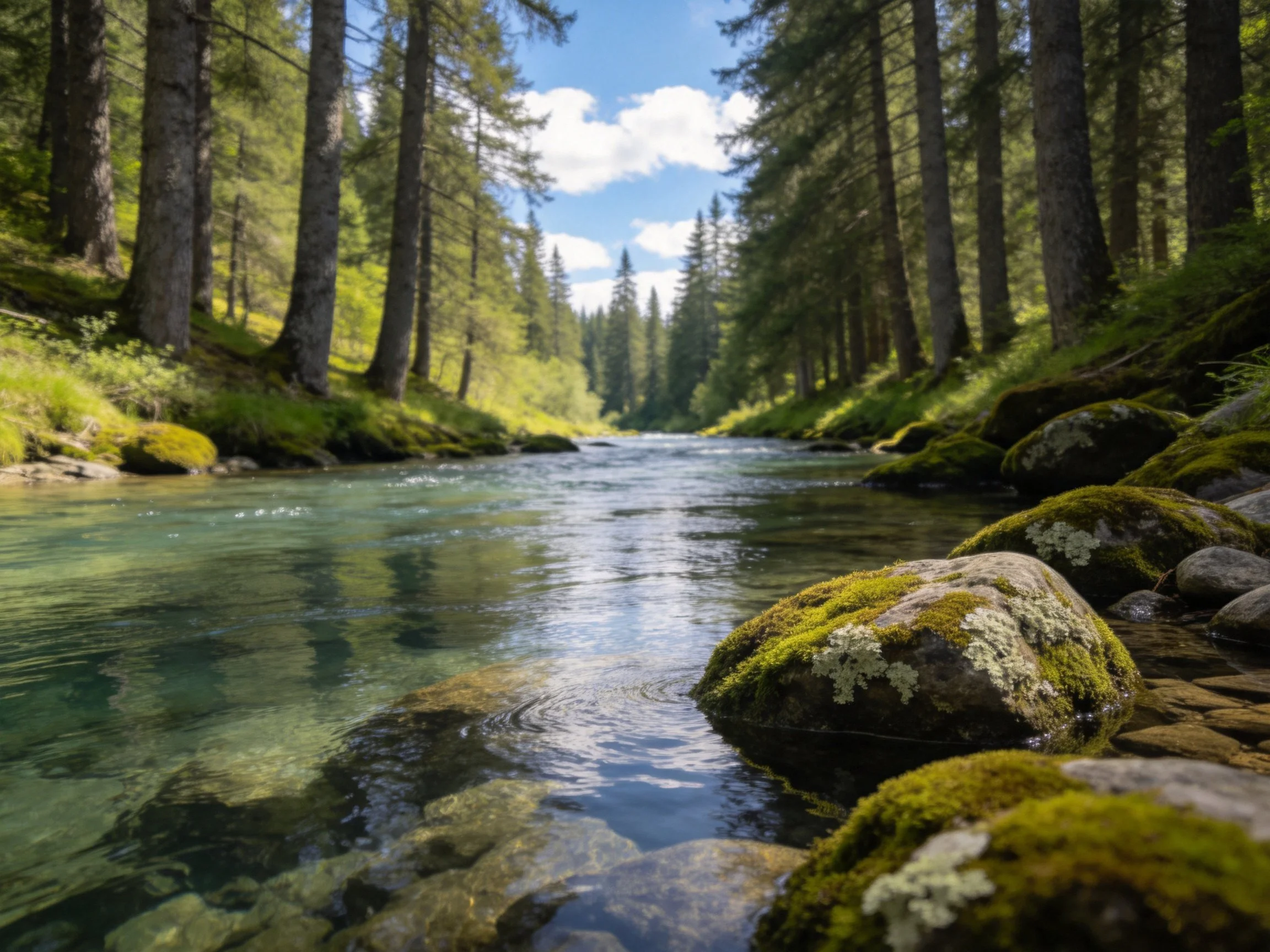 A serene forest stream with moss-covered rocks and tall evergreens