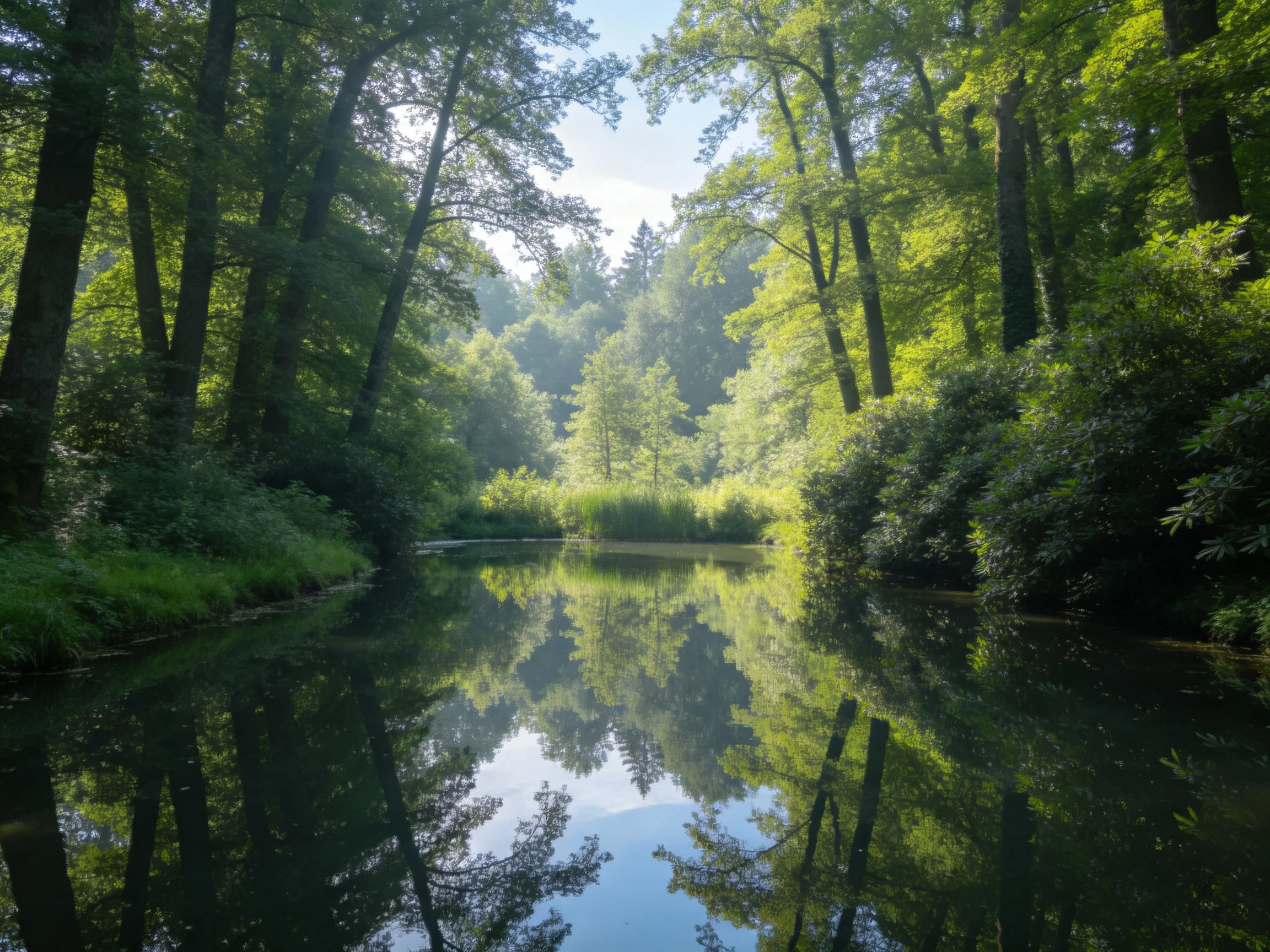 A serene forest stream with vibrant green reflections