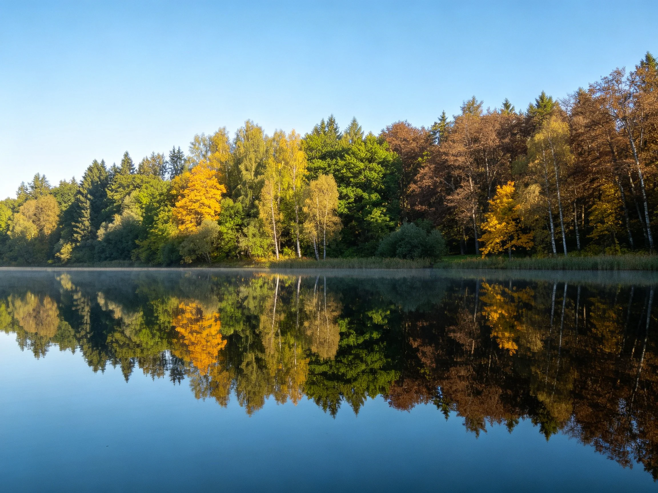 A serene forest with multicolored trees reflected in calm blue water