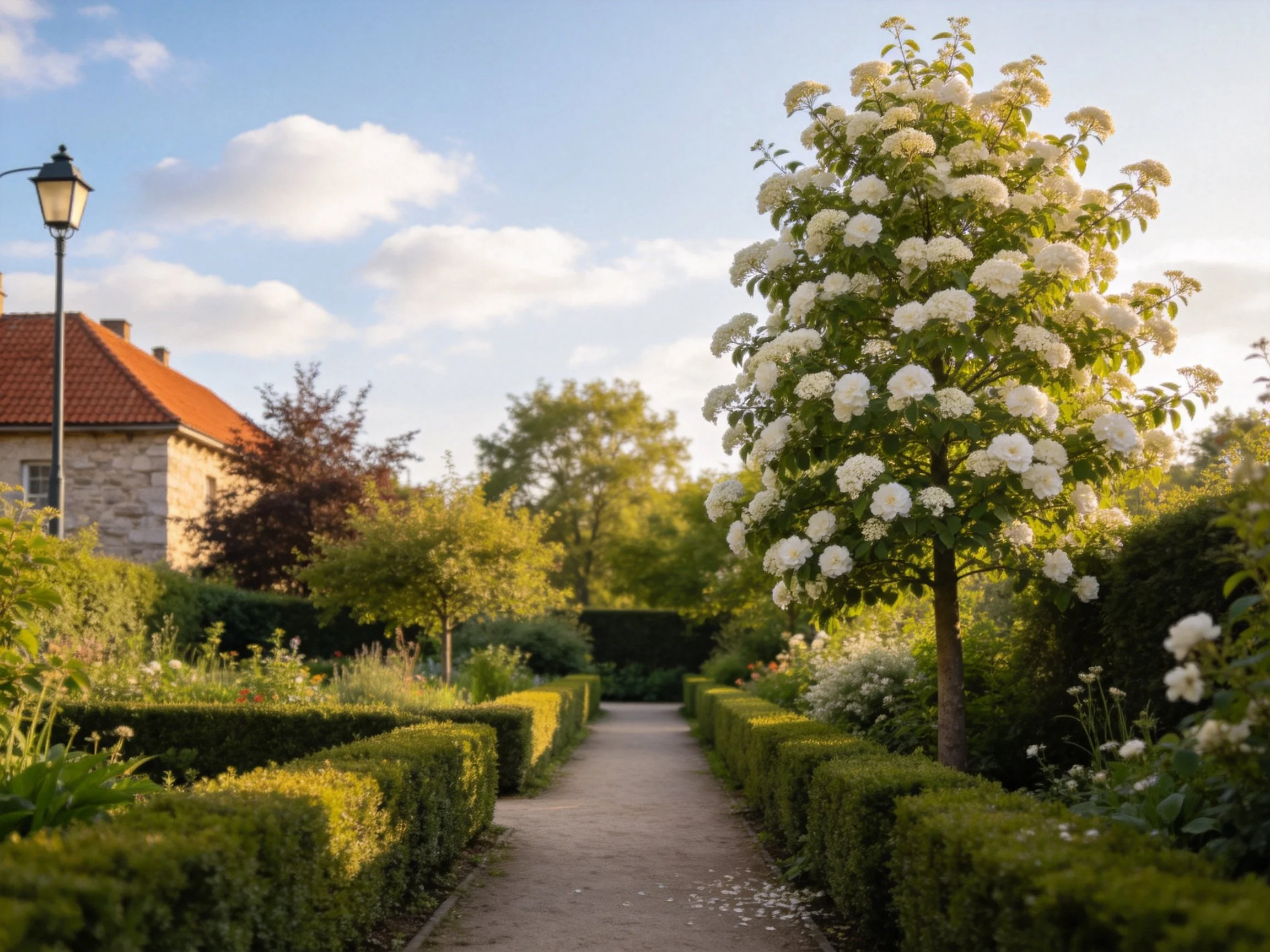 A serene garden path with flowering tree, manicured hedges, and historic stone house