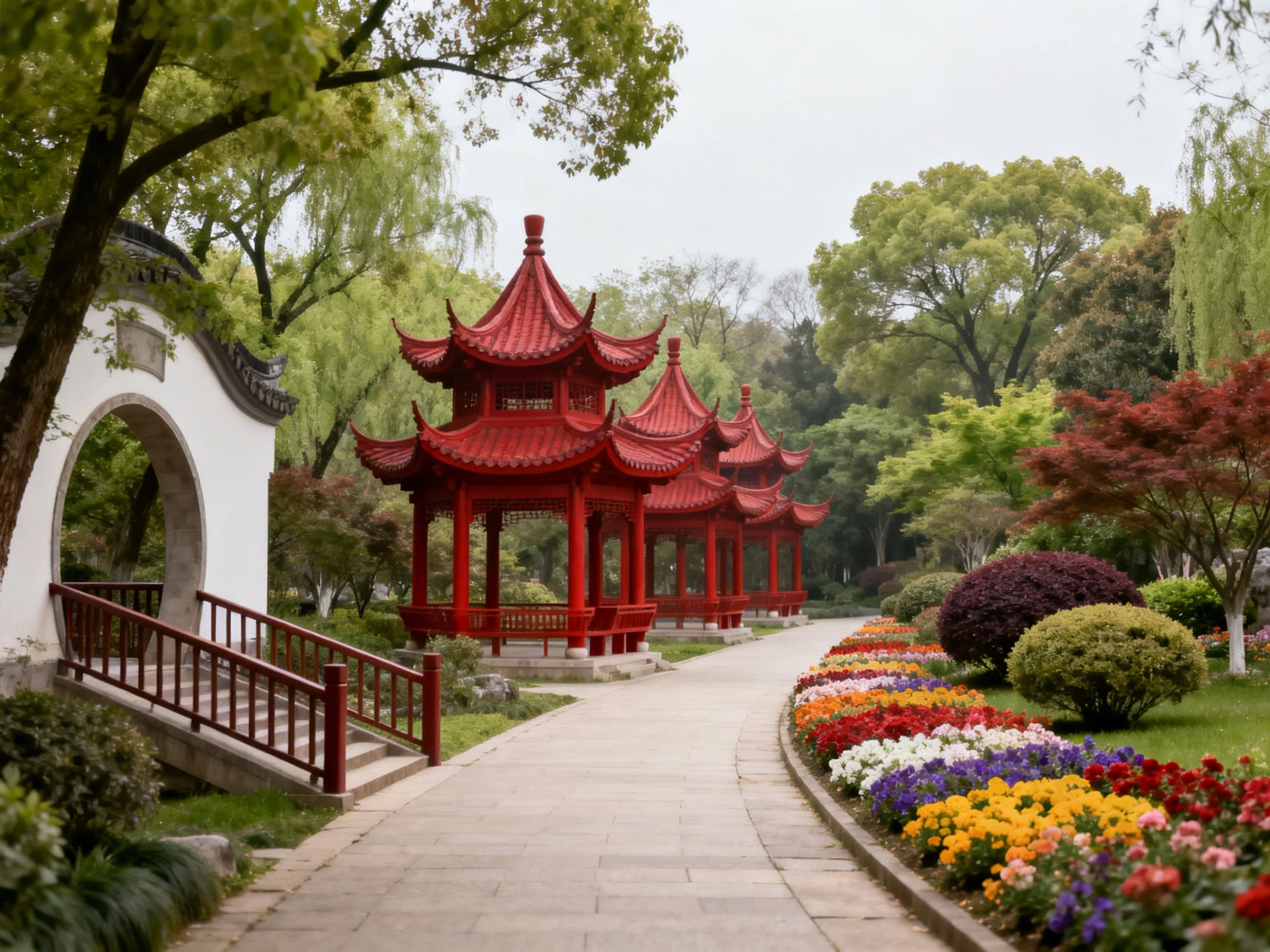 A serene garden with vibrant red pagoda pavilions and colorful flower beds